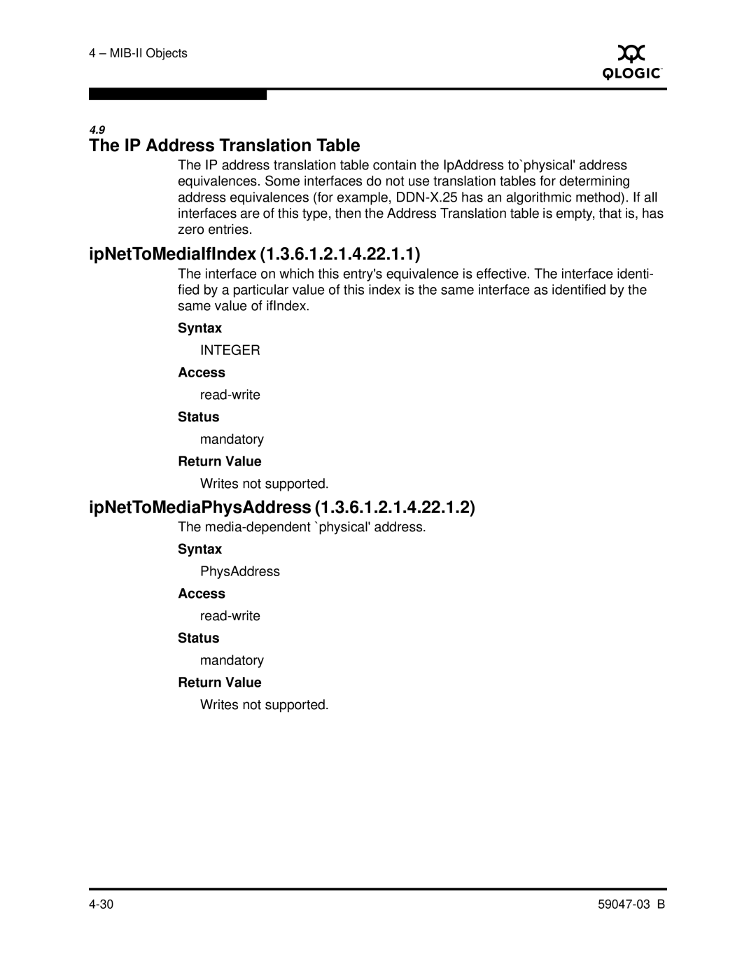 Q-Logic SANBOX2 manual IP Address Translation Table, IpNetToMediaIfIndex, IpNetToMediaPhysAddress 