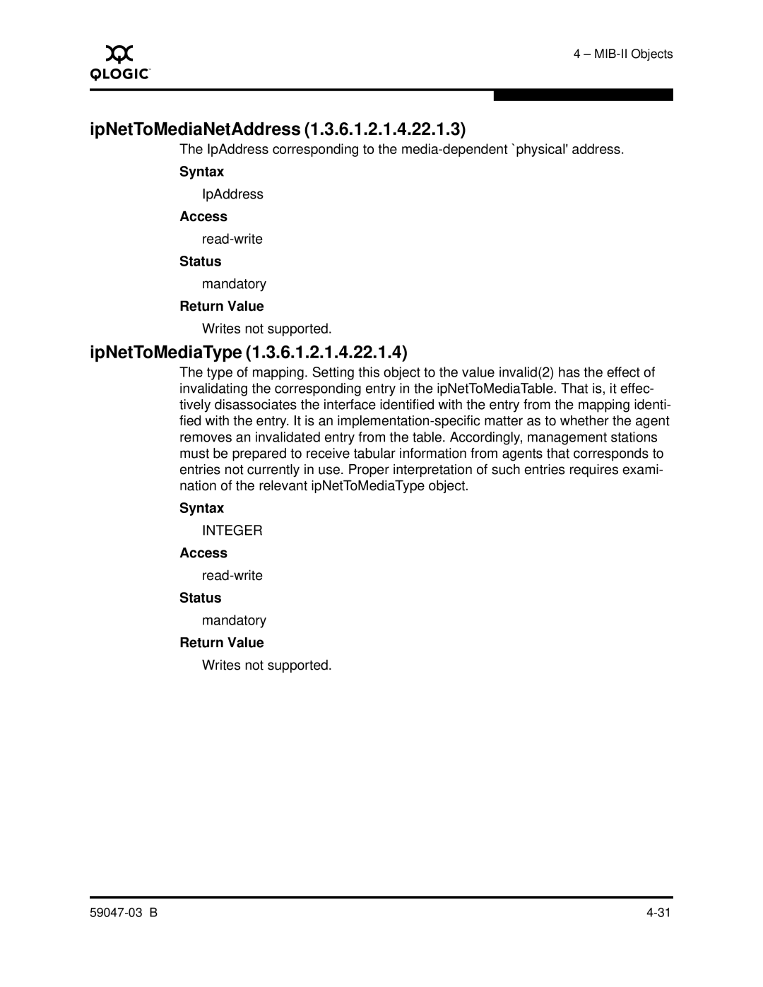 Q-Logic SANBOX2 manual IpNetToMediaNetAddress, IpNetToMediaType 