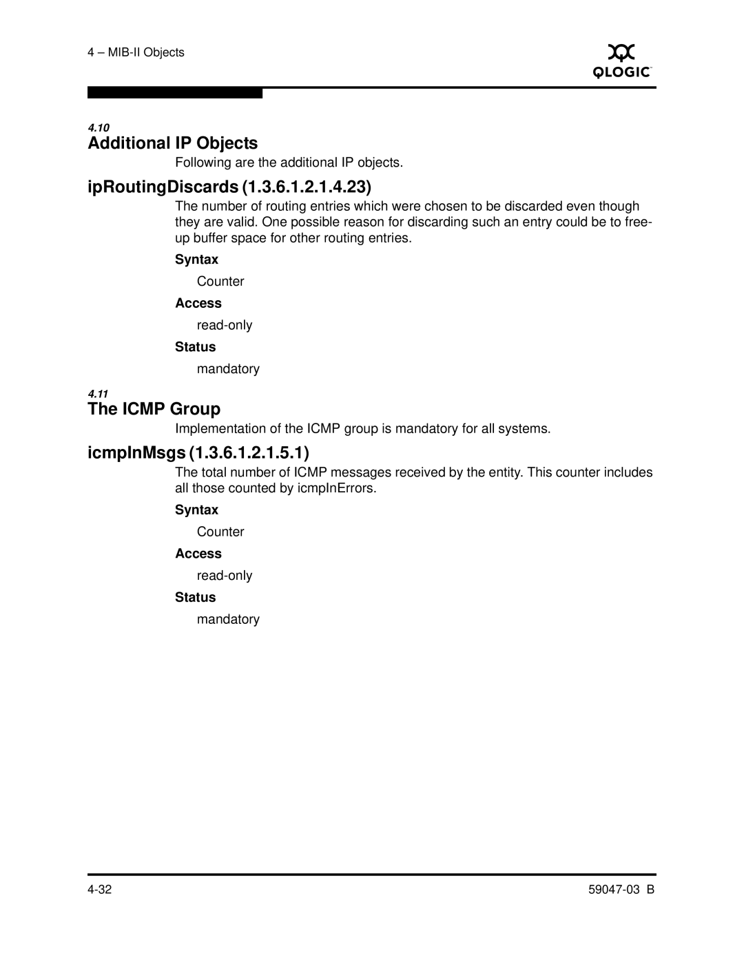 Q-Logic SANBOX2 manual Additional IP Objects, IpRoutingDiscards, Icmp Group, IcmpInMsgs 