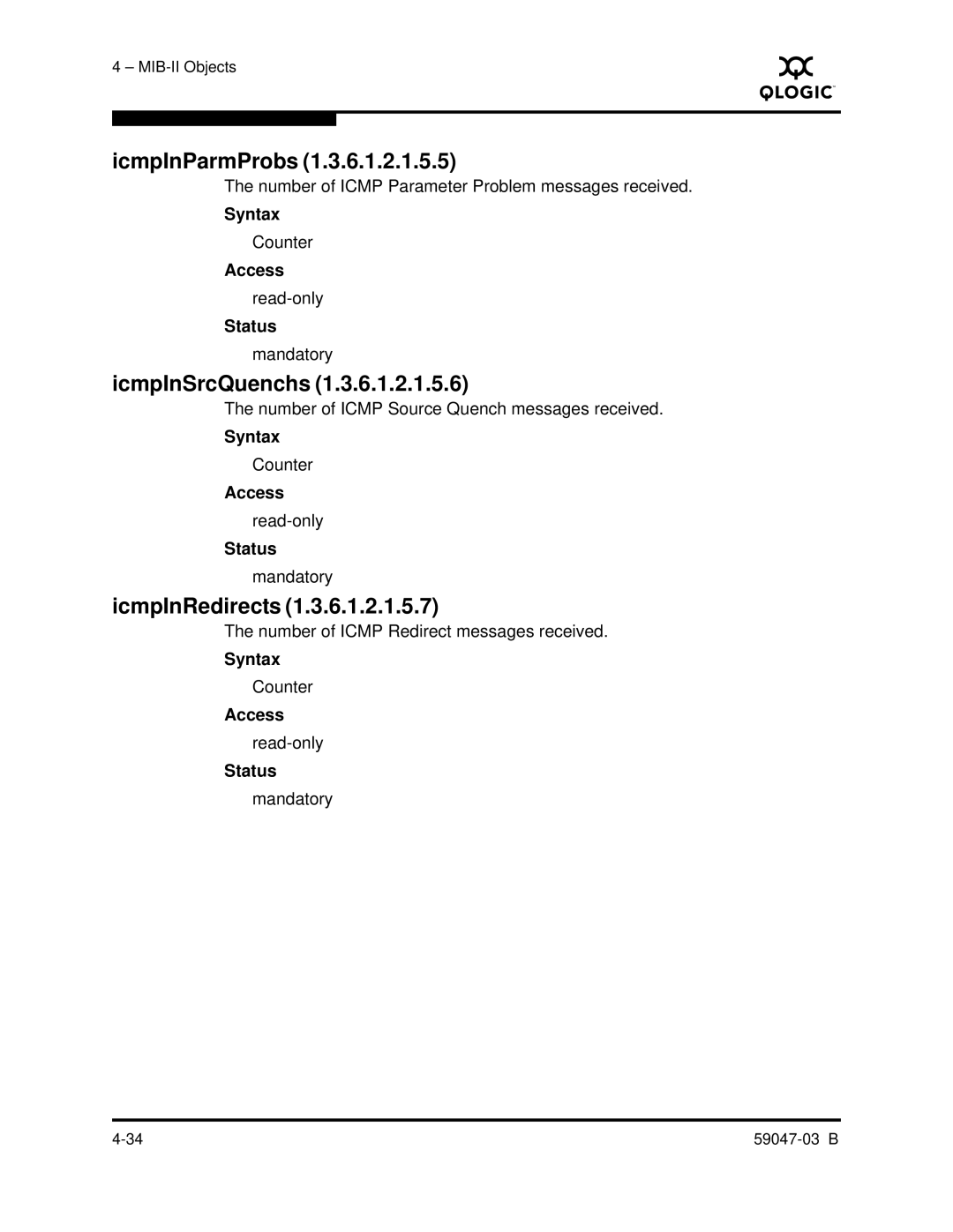 Q-Logic SANBOX2 manual IcmpInParmProbs, IcmpInSrcQuenchs, IcmpInRedirects 