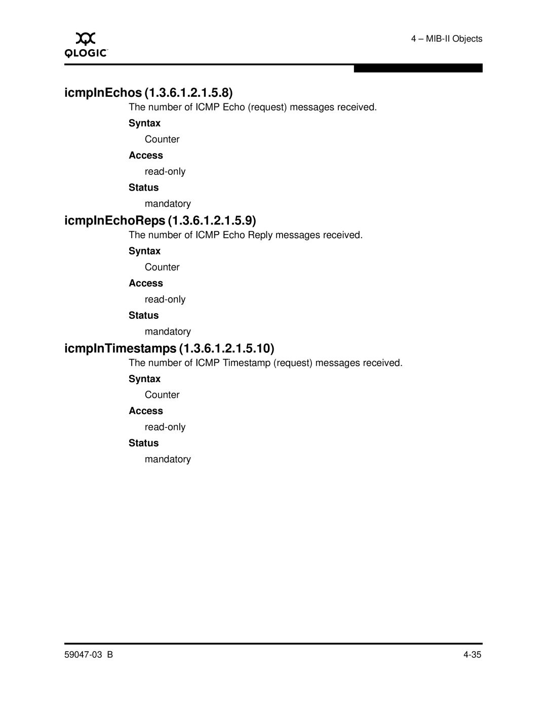 Q-Logic SANBOX2 manual IcmpInEchos, IcmpInEchoReps, IcmpInTimestamps 