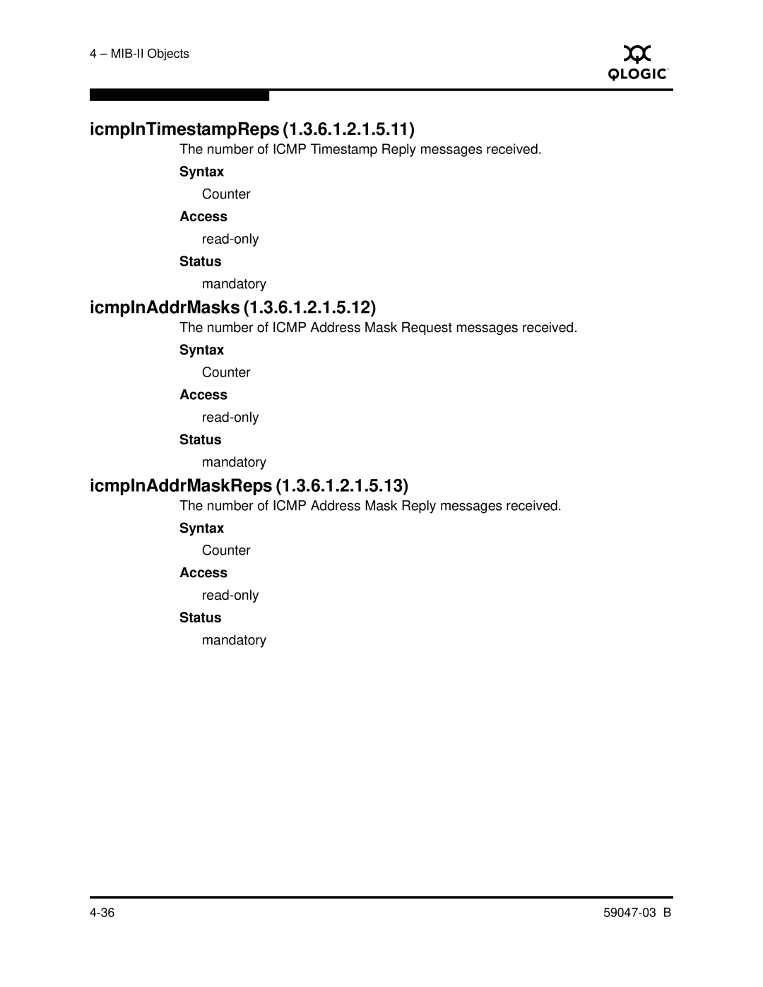 Q-Logic SANBOX2 manual IcmpInTimestampReps, IcmpInAddrMasks, IcmpInAddrMaskReps 