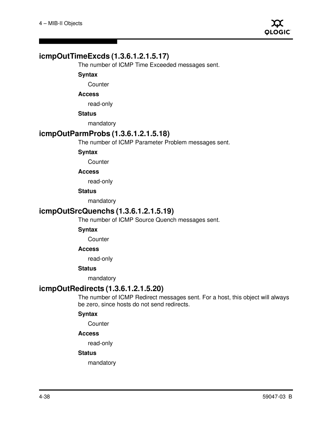 Q-Logic SANBOX2 manual IcmpOutTimeExcds, IcmpOutParmProbs, IcmpOutSrcQuenchs, IcmpOutRedirects 