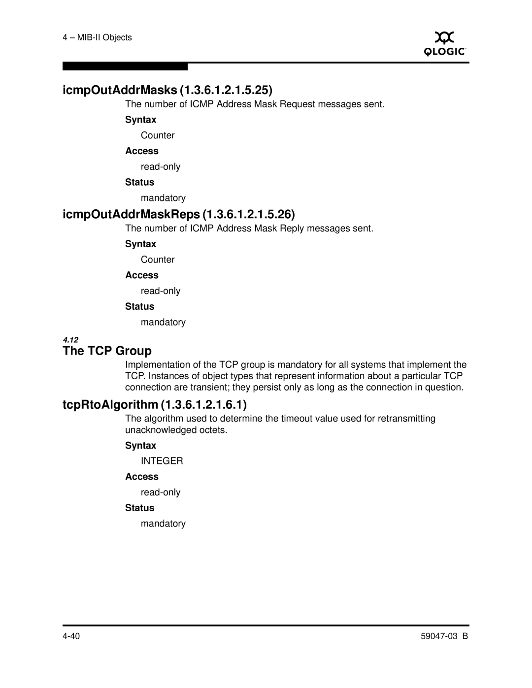 Q-Logic SANBOX2 manual IcmpOutAddrMasks, IcmpOutAddrMaskReps, TCP Group, TcpRtoAlgorithm 