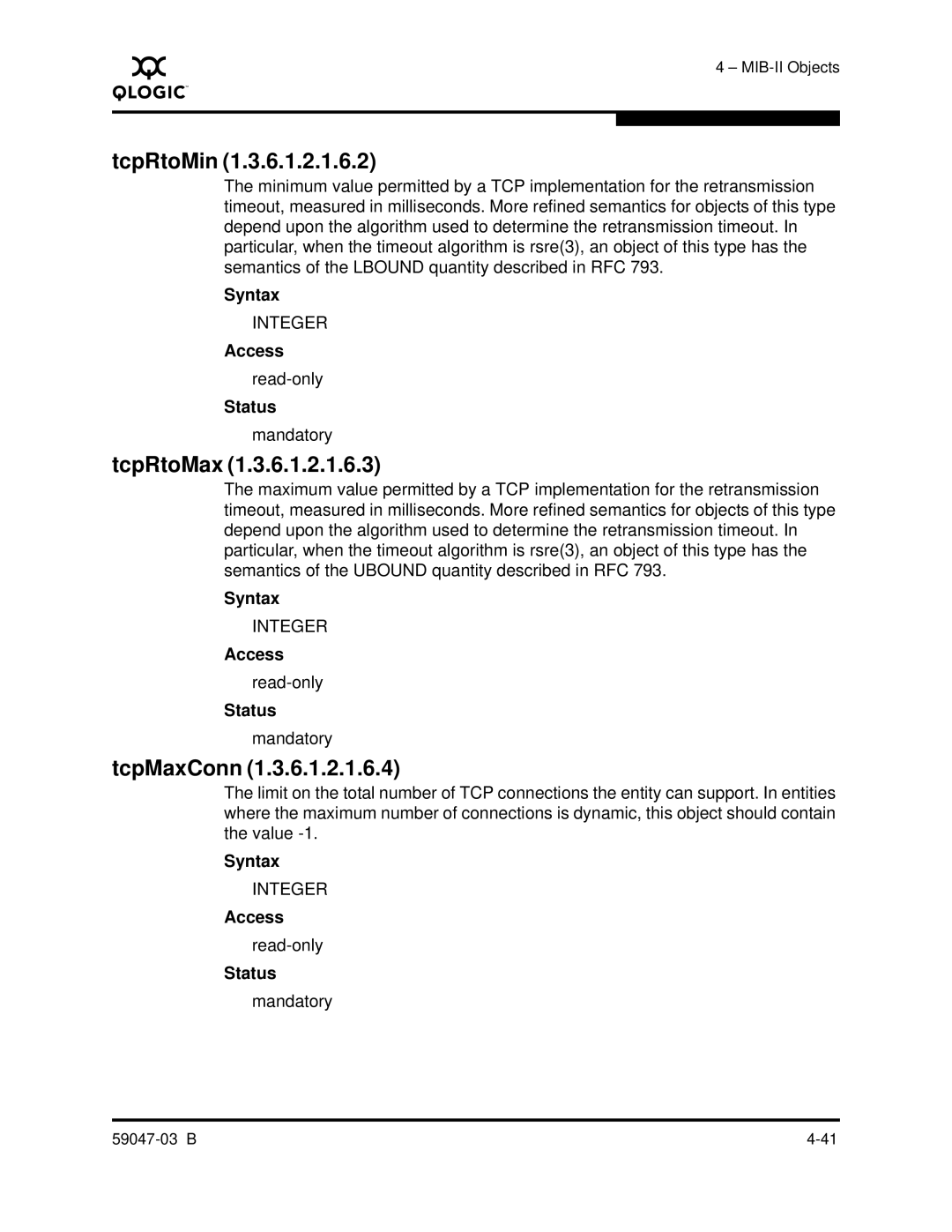 Q-Logic SANBOX2 manual TcpRtoMin, TcpRtoMax, TcpMaxConn 