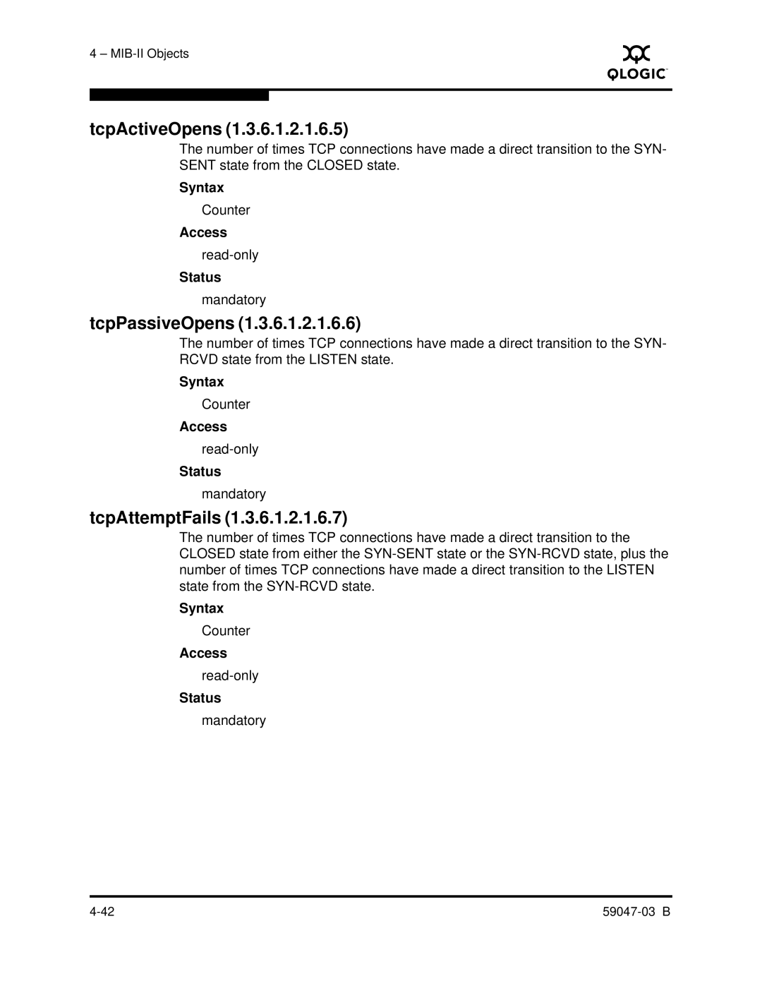 Q-Logic SANBOX2 manual TcpActiveOpens, TcpPassiveOpens, TcpAttemptFails 