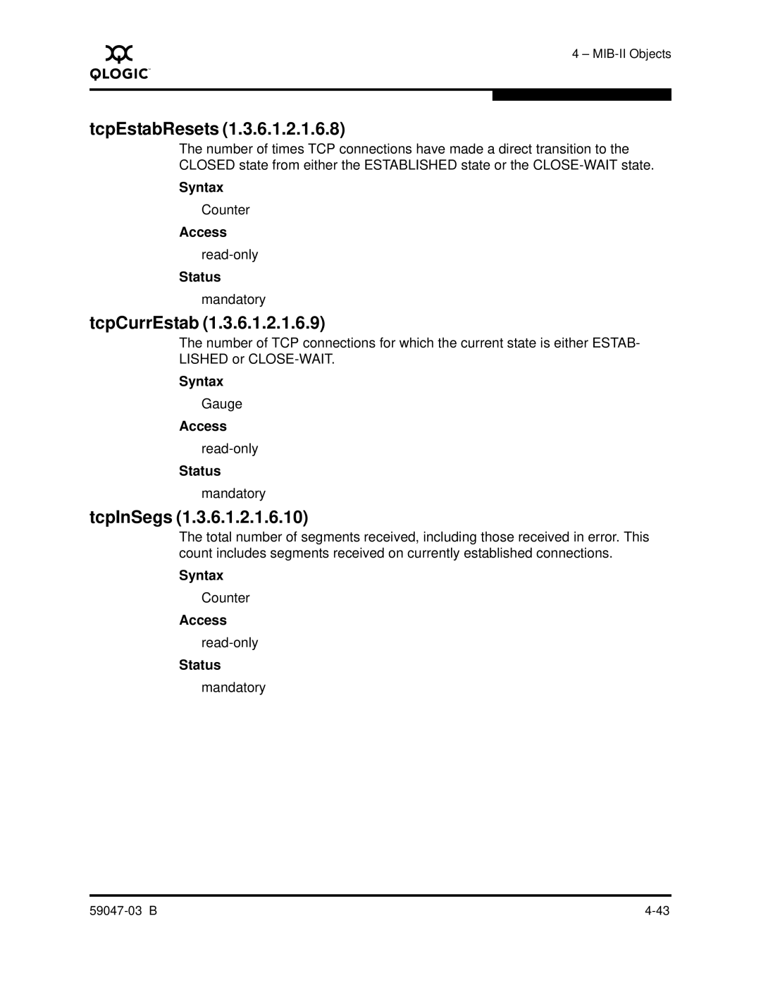 Q-Logic SANBOX2 manual TcpEstabResets, TcpCurrEstab, TcpInSegs 