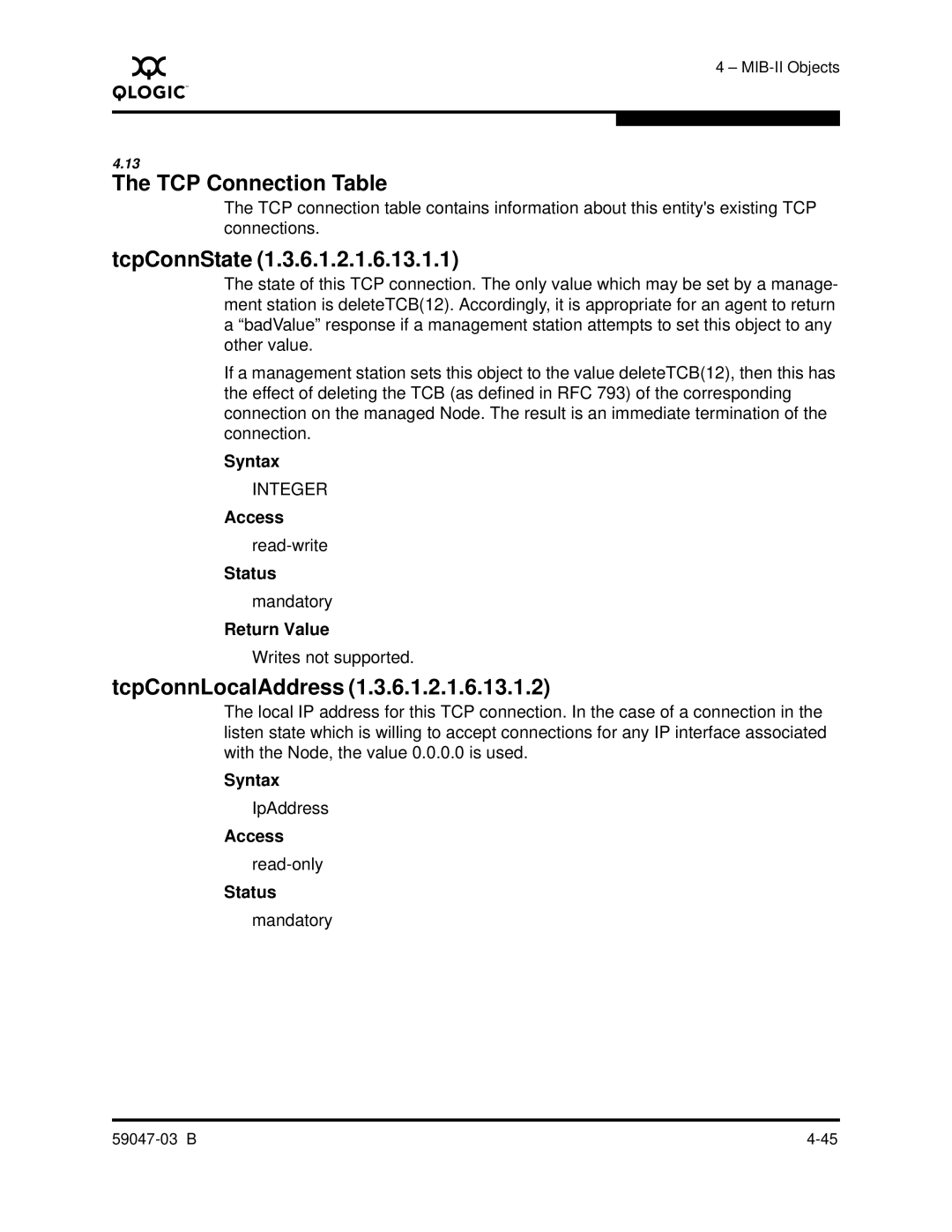 Q-Logic SANBOX2 manual TCP Connection Table, TcpConnState, TcpConnLocalAddress 