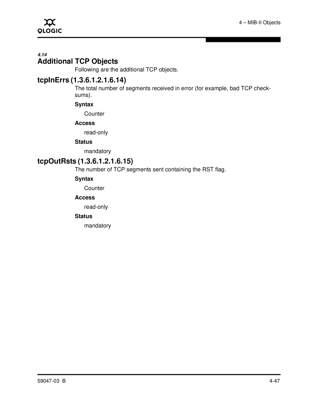 Q-Logic SANBOX2 manual Additional TCP Objects, TcpInErrs, TcpOutRsts 