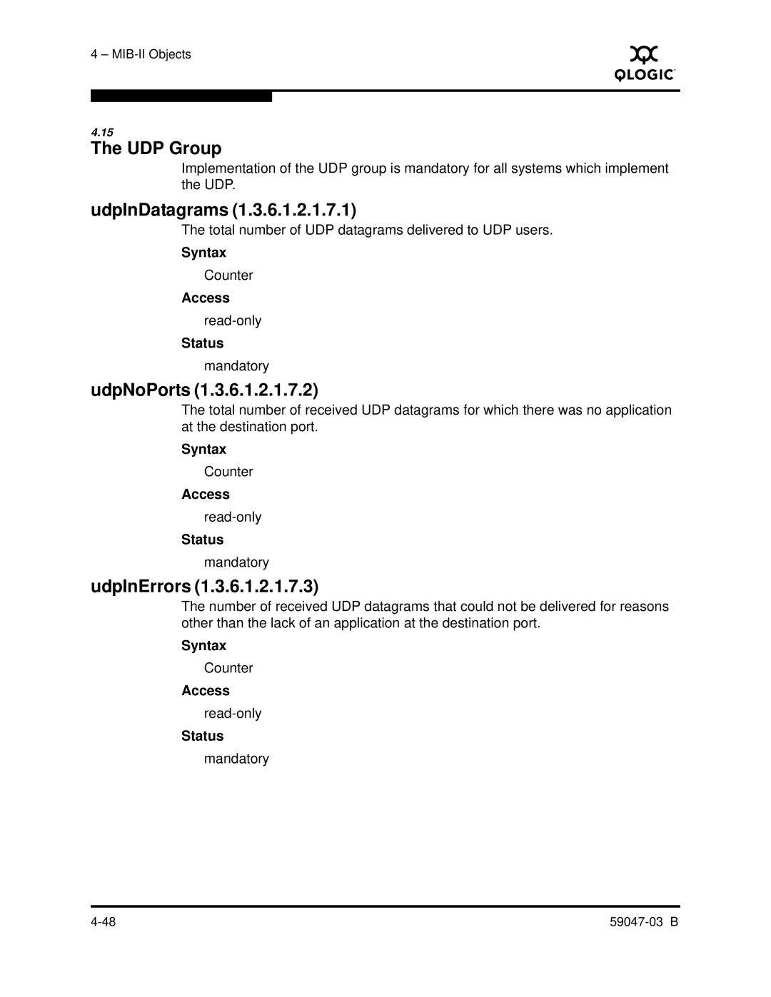 Q-Logic SANBOX2 manual UDP Group, UdpInDatagrams, UdpNoPorts, UdpInErrors 