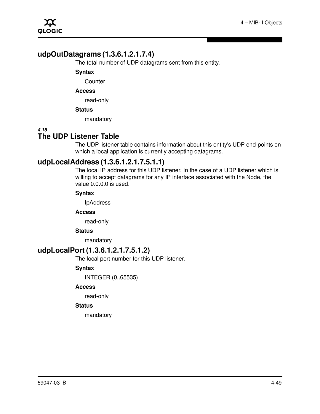 Q-Logic SANBOX2 manual UdpOutDatagrams, UDP Listener Table, UdpLocalAddress, UdpLocalPort 