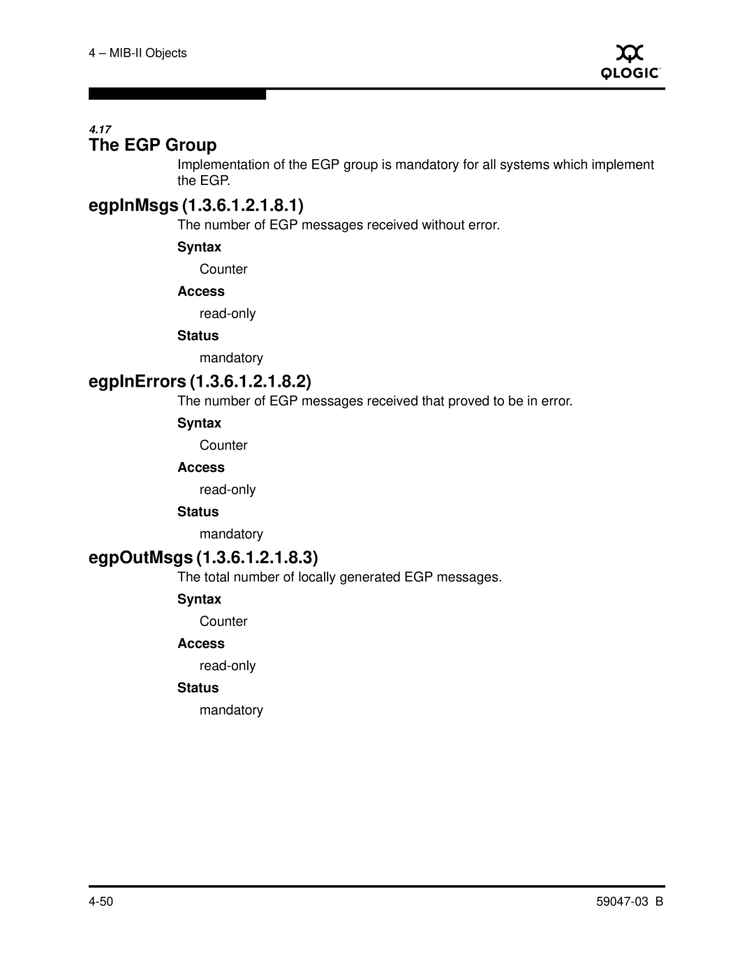 Q-Logic SANBOX2 manual EGP Group, EgpInMsgs, EgpInErrors, EgpOutMsgs 