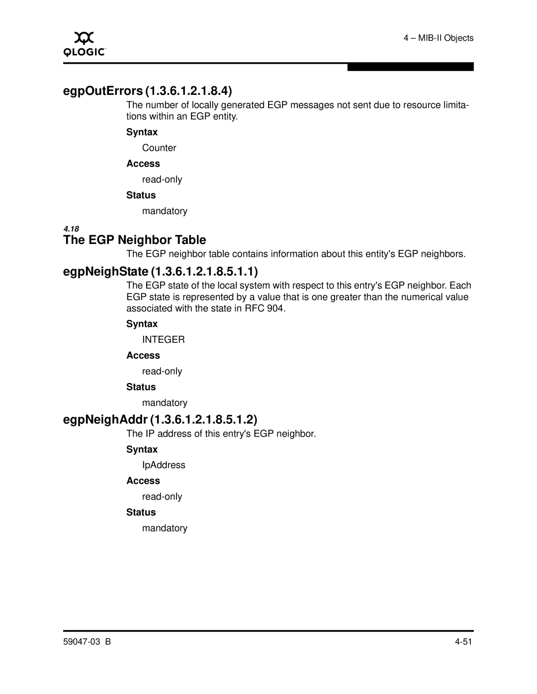 Q-Logic SANBOX2 manual EgpOutErrors, EGP Neighbor Table, EgpNeighState, EgpNeighAddr 