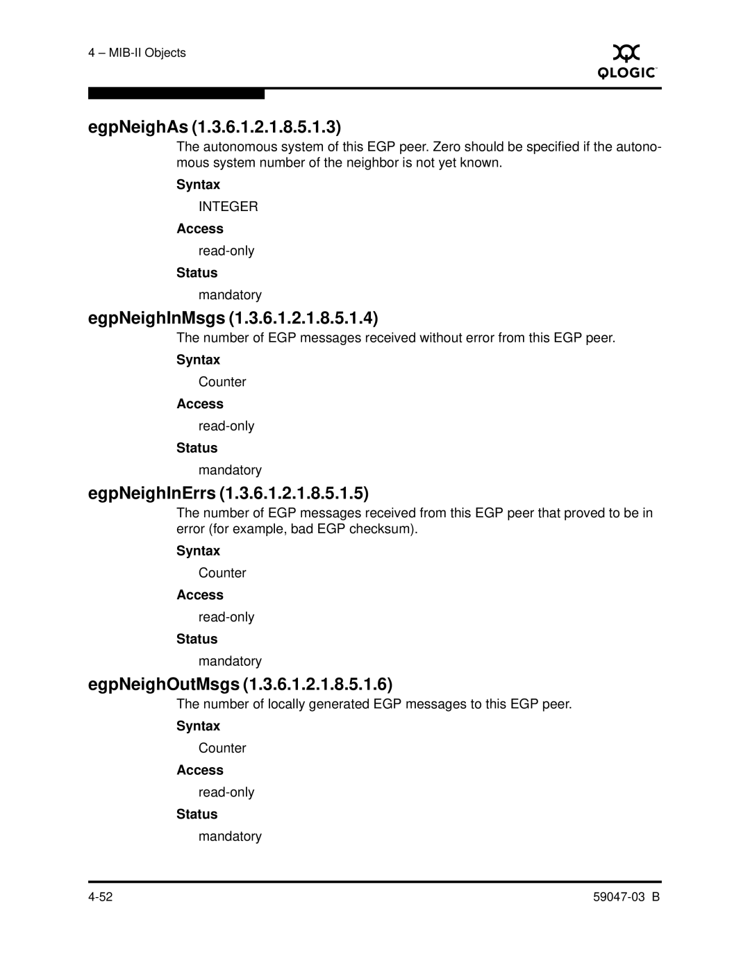 Q-Logic SANBOX2 manual EgpNeighAs, EgpNeighInMsgs, EgpNeighInErrs, EgpNeighOutMsgs 