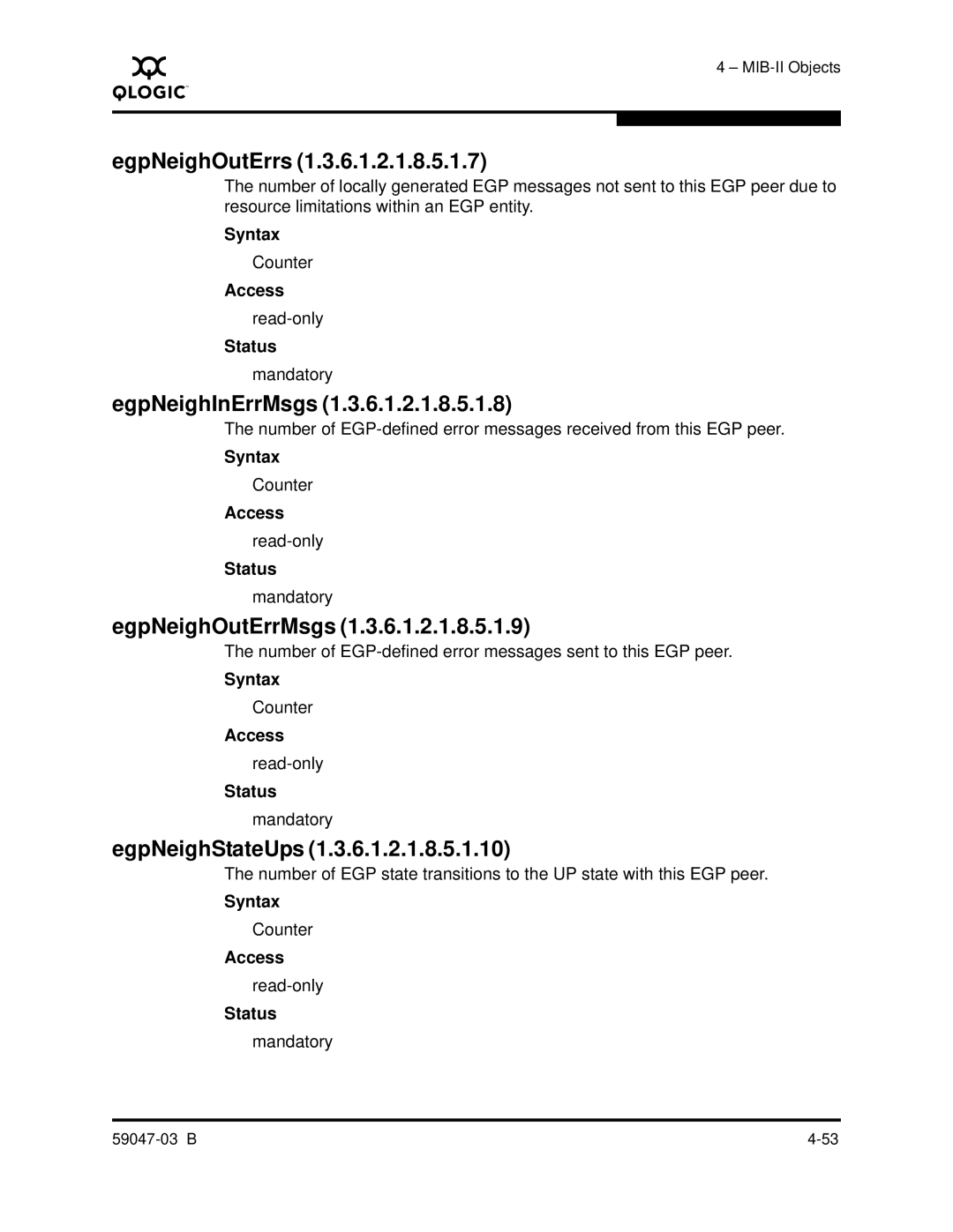 Q-Logic SANBOX2 manual EgpNeighOutErrs, EgpNeighInErrMsgs, EgpNeighOutErrMsgs, EgpNeighStateUps 