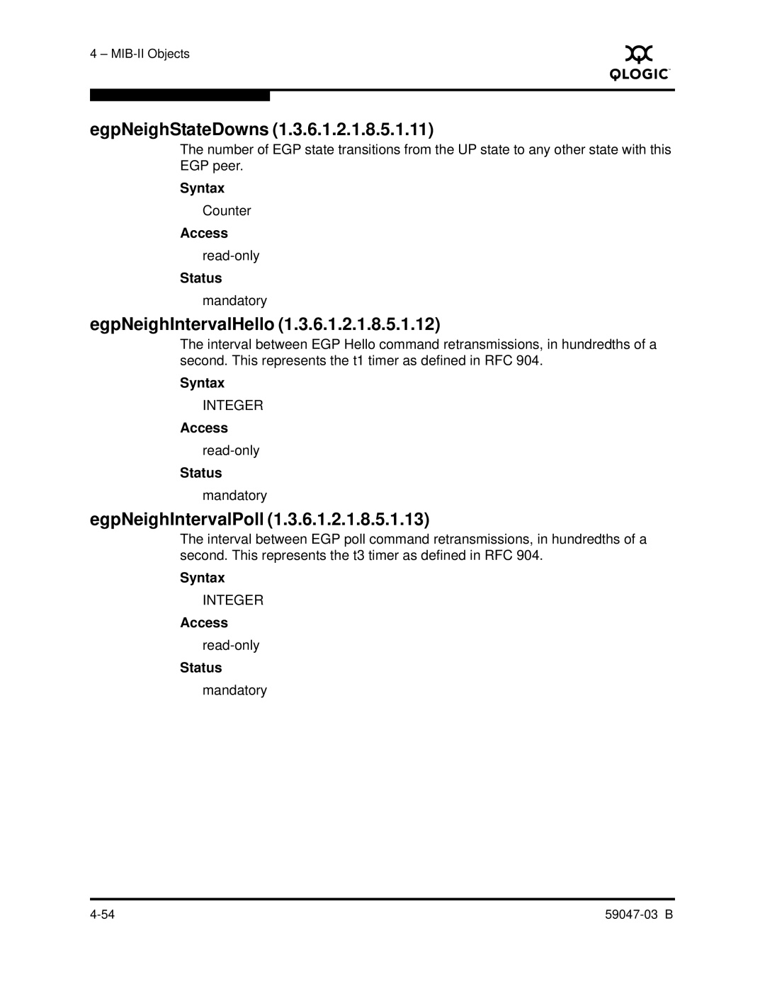 Q-Logic SANBOX2 manual EgpNeighStateDowns, EgpNeighIntervalHello, EgpNeighIntervalPoll 