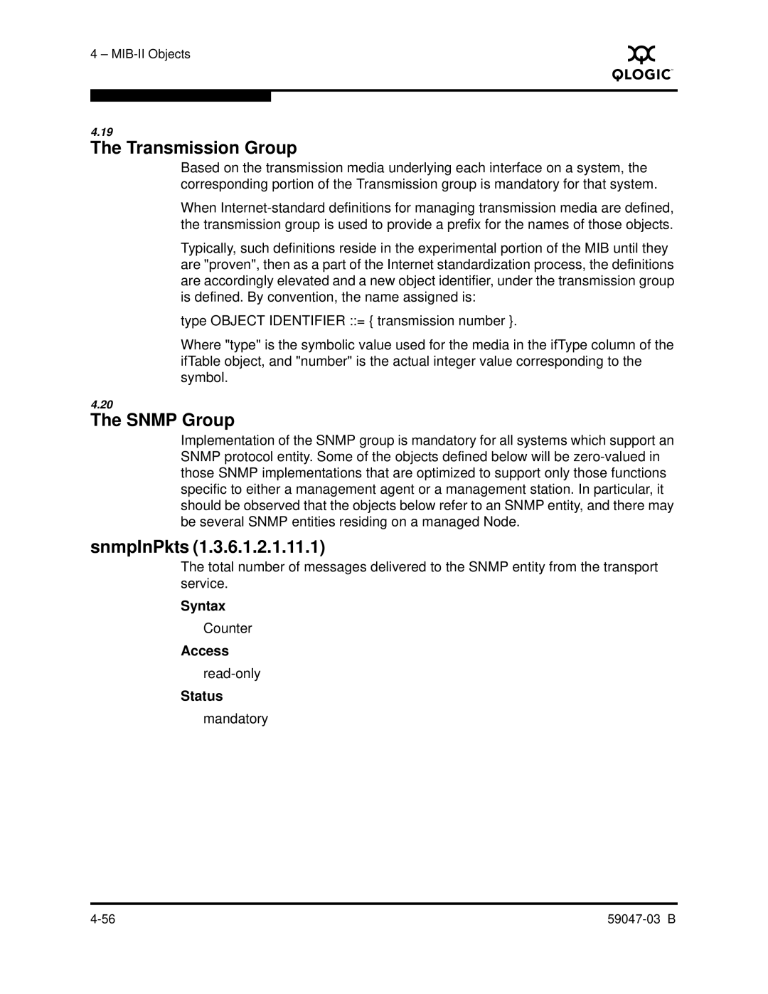 Q-Logic SANBOX2 manual Transmission Group, Snmp Group, SnmpInPkts 