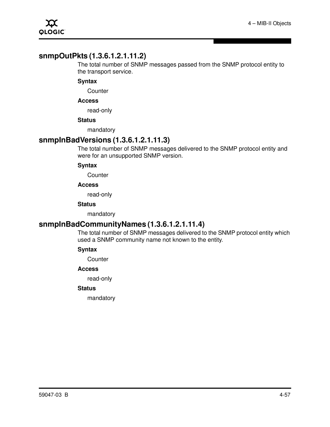 Q-Logic SANBOX2 manual SnmpOutPkts, SnmpInBadVersions, SnmpInBadCommunityNames 