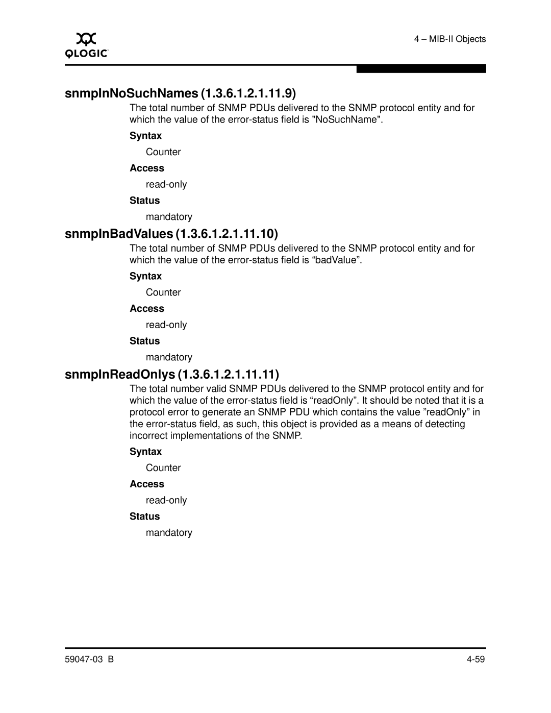 Q-Logic SANBOX2 manual SnmpInNoSuchNames, SnmpInBadValues, SnmpInReadOnlys 