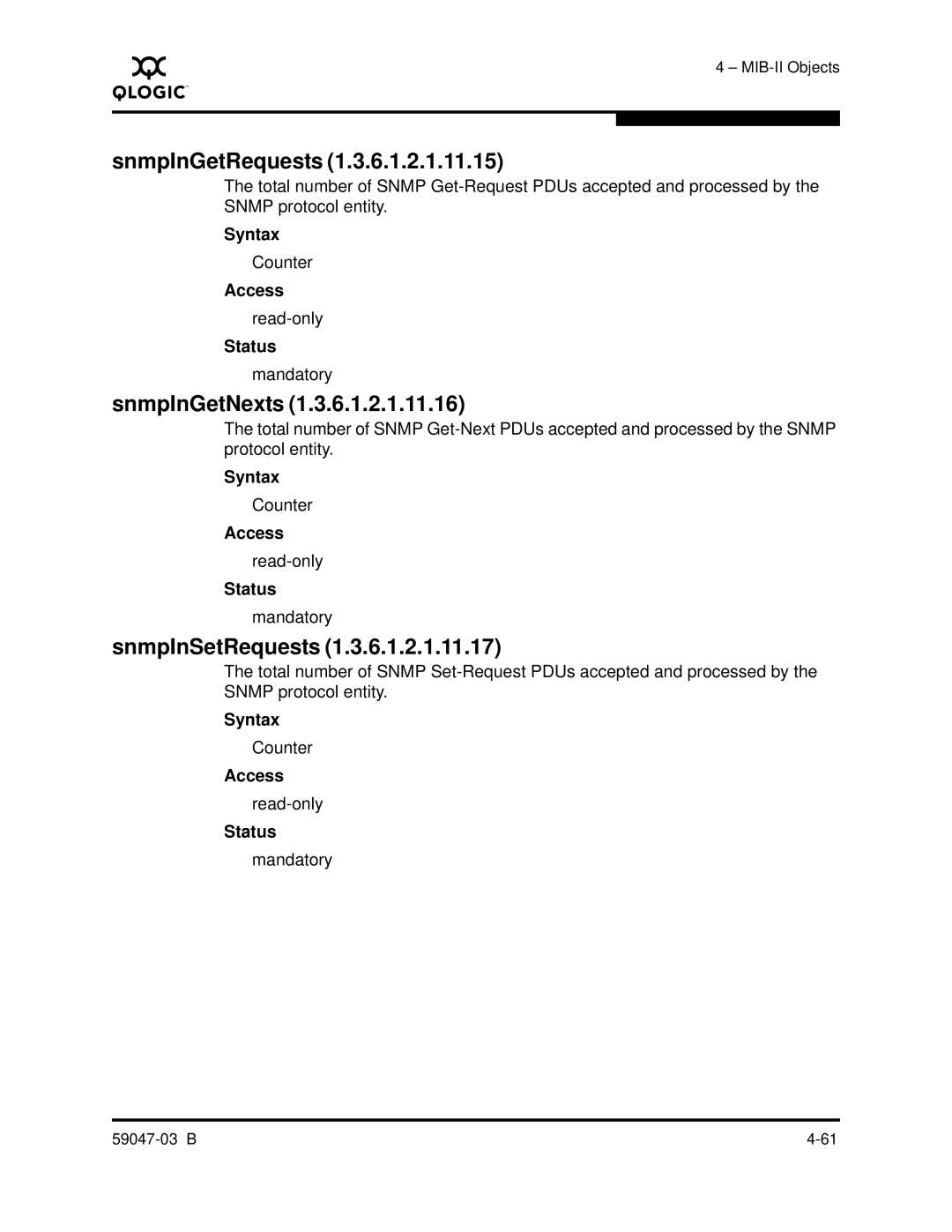 Q-Logic SANBOX2 manual SnmpInGetRequests, SnmpInGetNexts, SnmpInSetRequests 