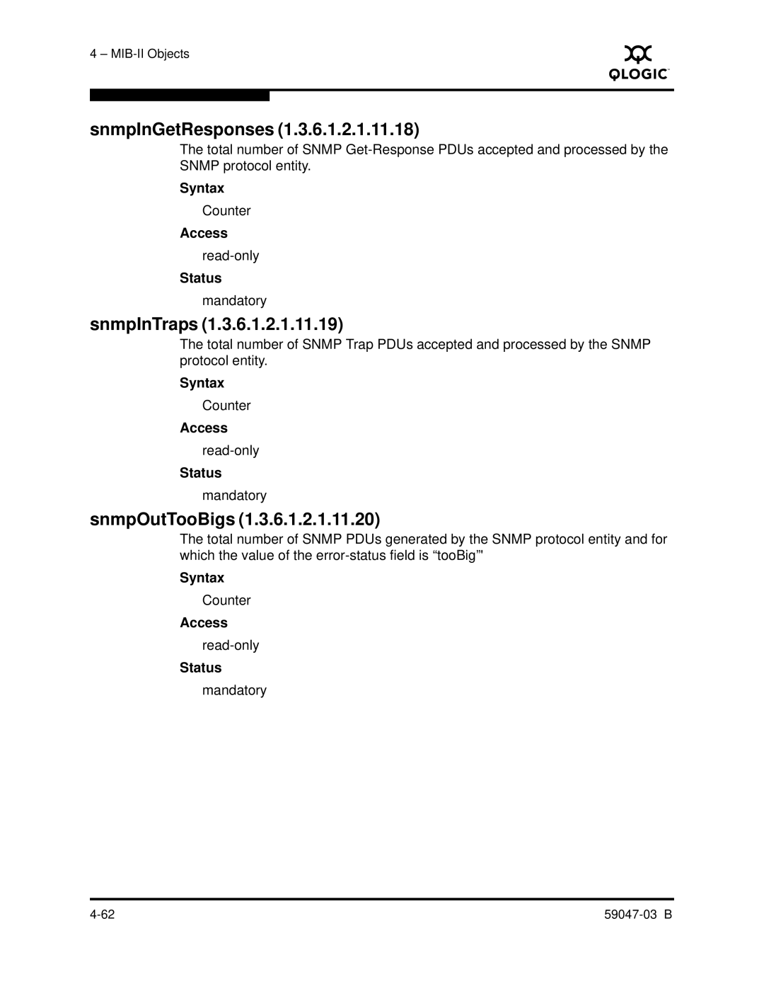 Q-Logic SANBOX2 manual SnmpInGetResponses, SnmpInTraps, SnmpOutTooBigs 