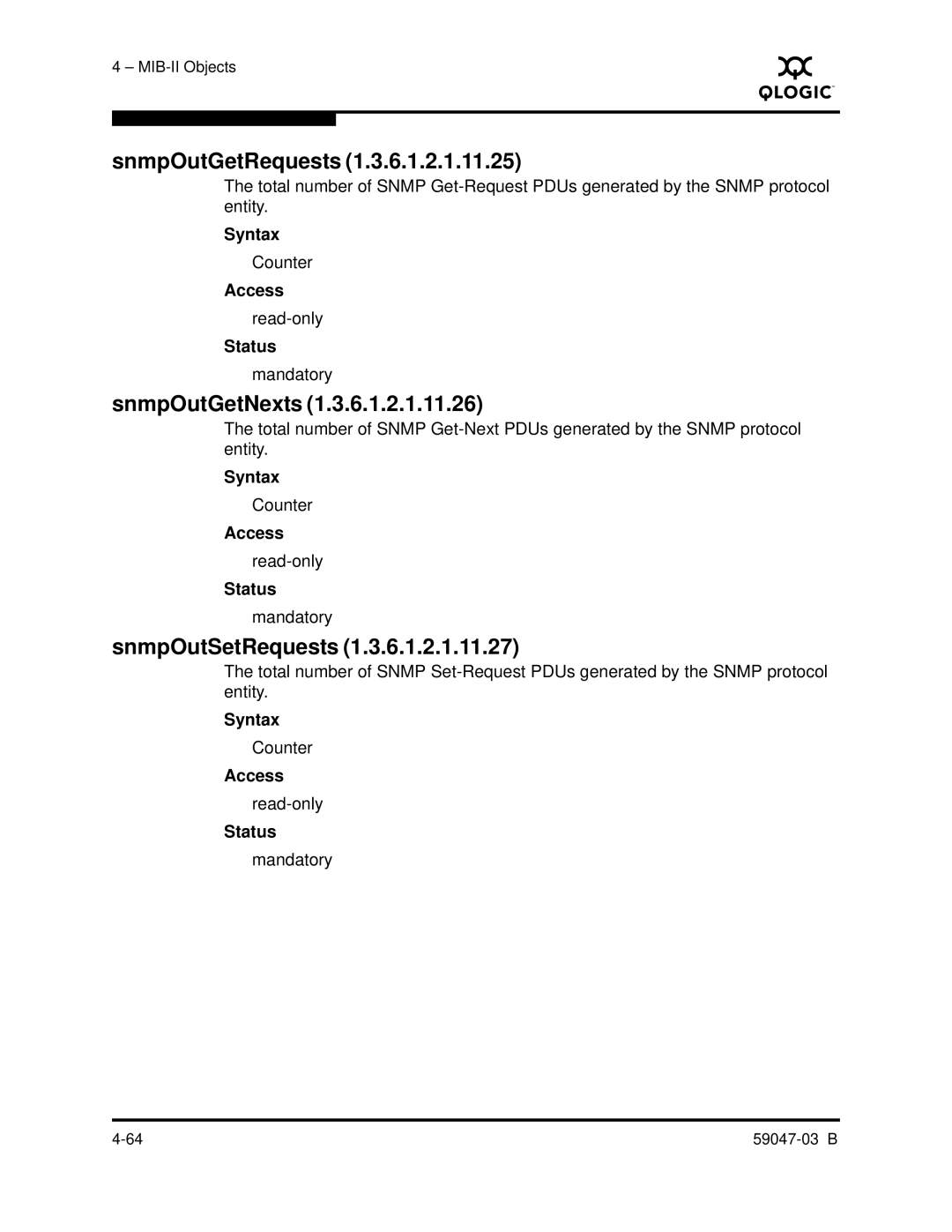 Q-Logic SANBOX2 manual SnmpOutGetRequests, SnmpOutGetNexts, SnmpOutSetRequests 