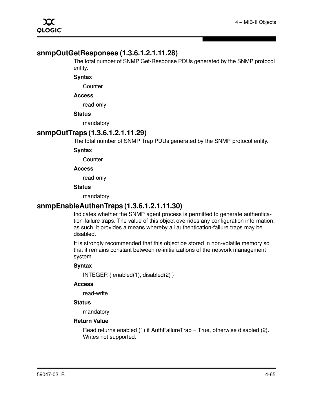 Q-Logic SANBOX2 manual SnmpOutGetResponses, SnmpOutTraps, SnmpEnableAuthenTraps 