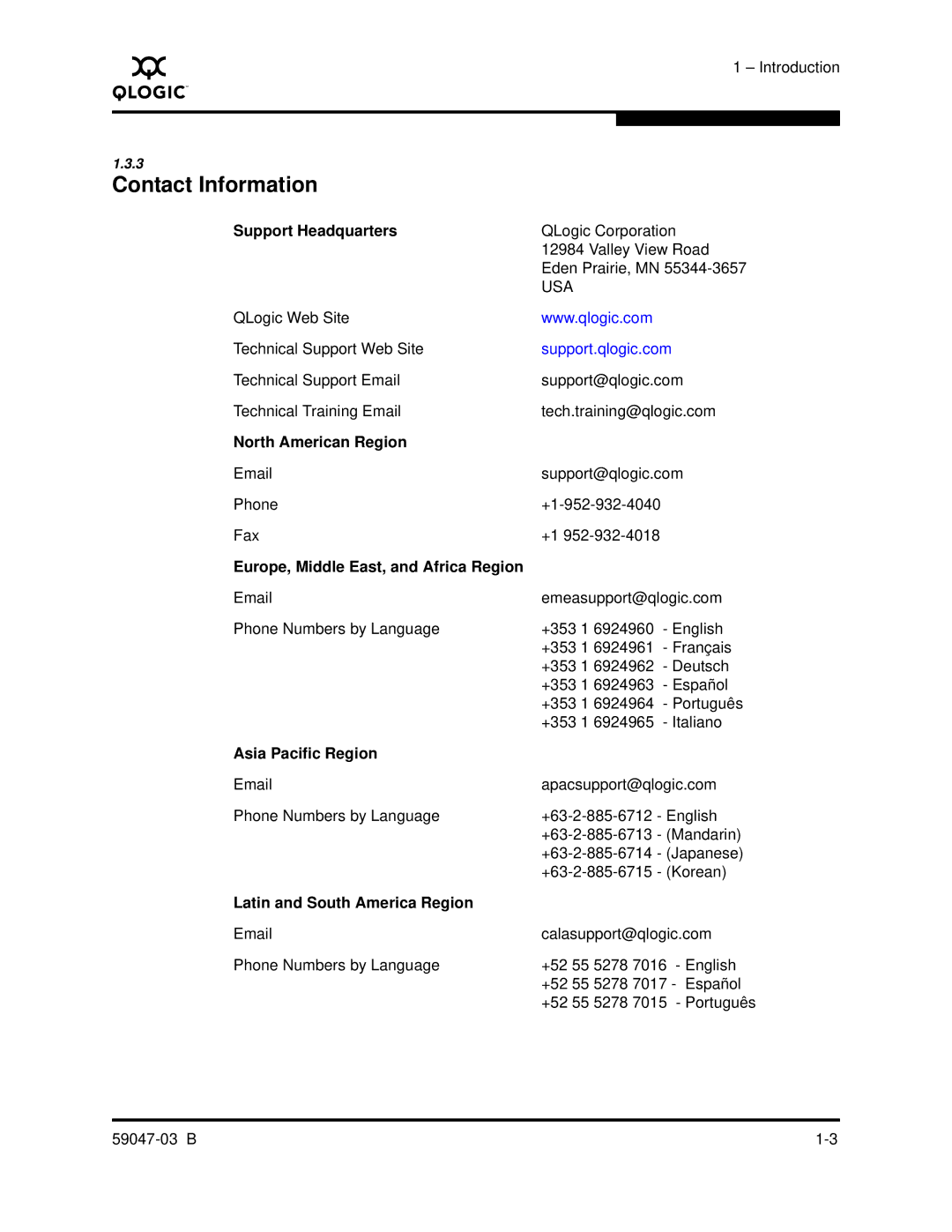 Q-Logic SANBOX2 manual Contact Information, Support Headquarters 