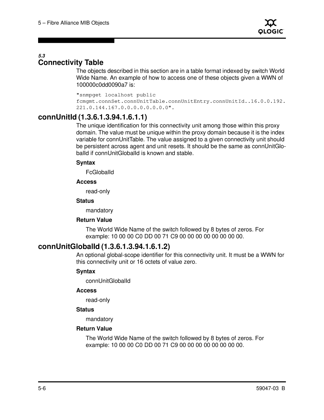 Q-Logic SANBOX2 manual Connectivity Table, ConnUnitId, ConnUnitGlobalId 