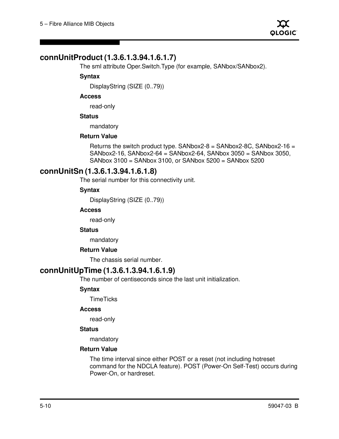 Q-Logic SANBOX2 manual ConnUnitProduct, ConnUnitSn, ConnUnitUpTime 