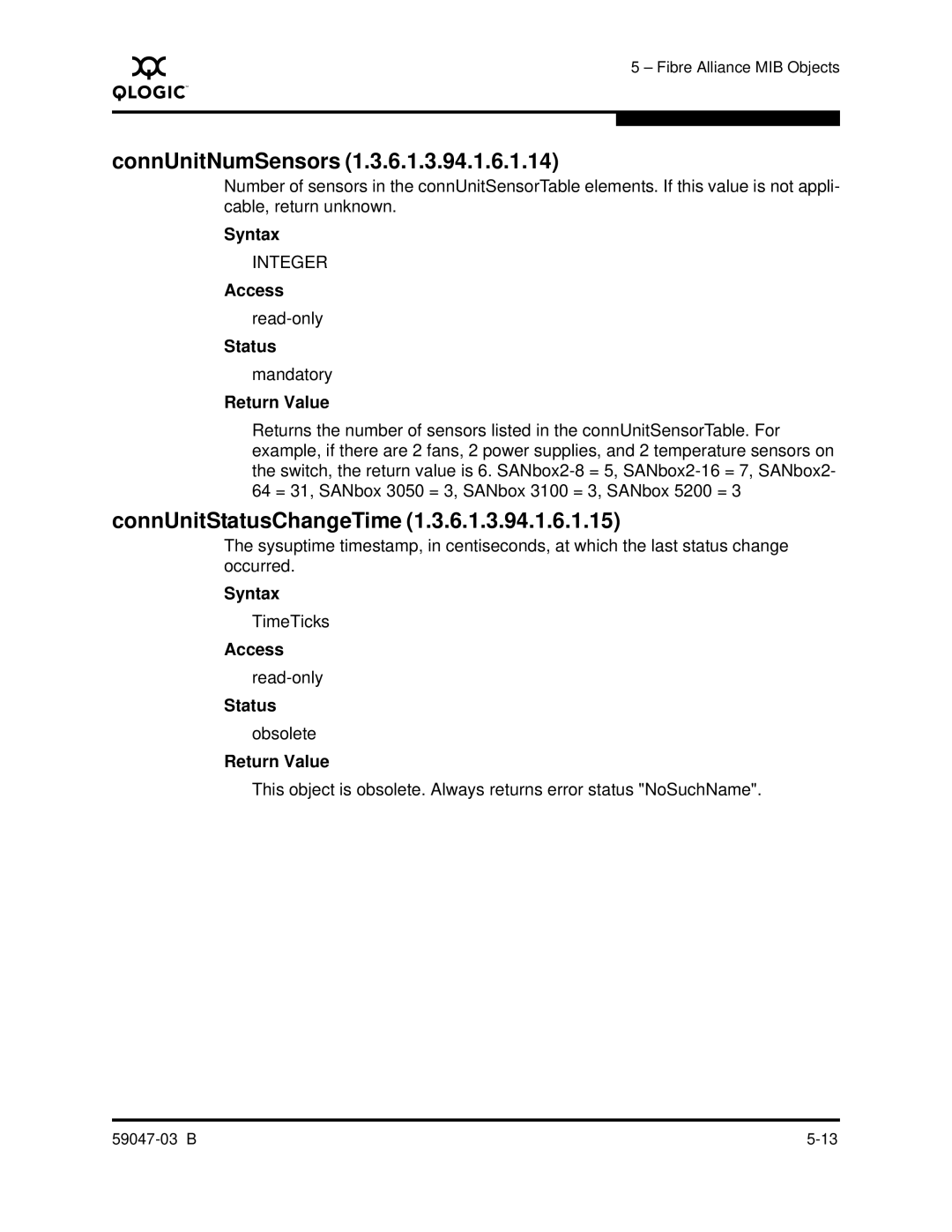 Q-Logic SANBOX2 manual ConnUnitNumSensors, ConnUnitStatusChangeTime 