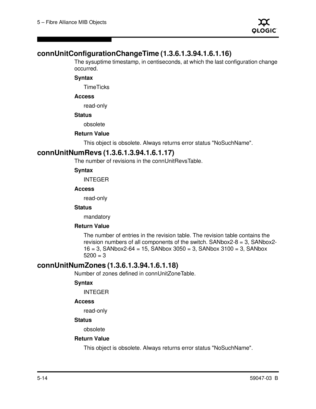 Q-Logic SANBOX2 manual ConnUnitConfigurationChangeTime, ConnUnitNumRevs, ConnUnitNumZones 