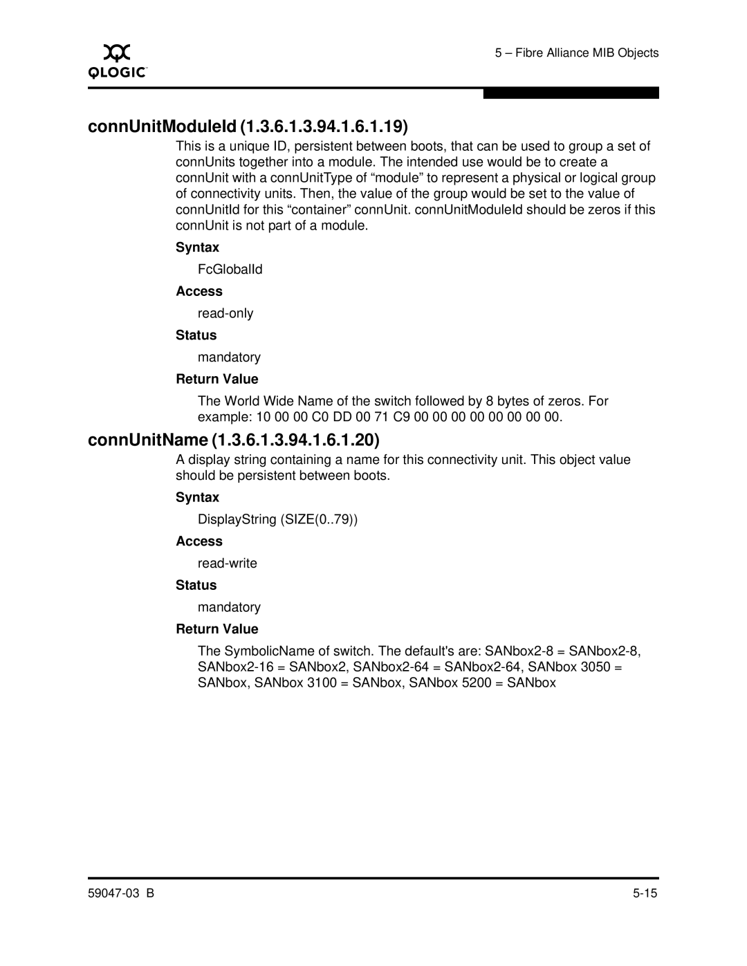 Q-Logic SANBOX2 manual ConnUnitModuleId, ConnUnitName 