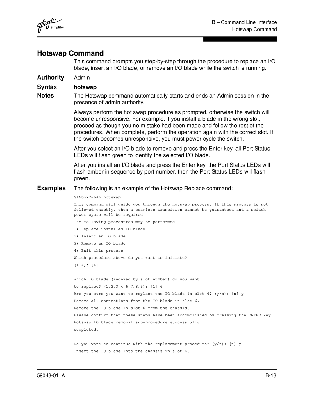 Q-Logic SANBOX2-64 manual Hotswap Command 