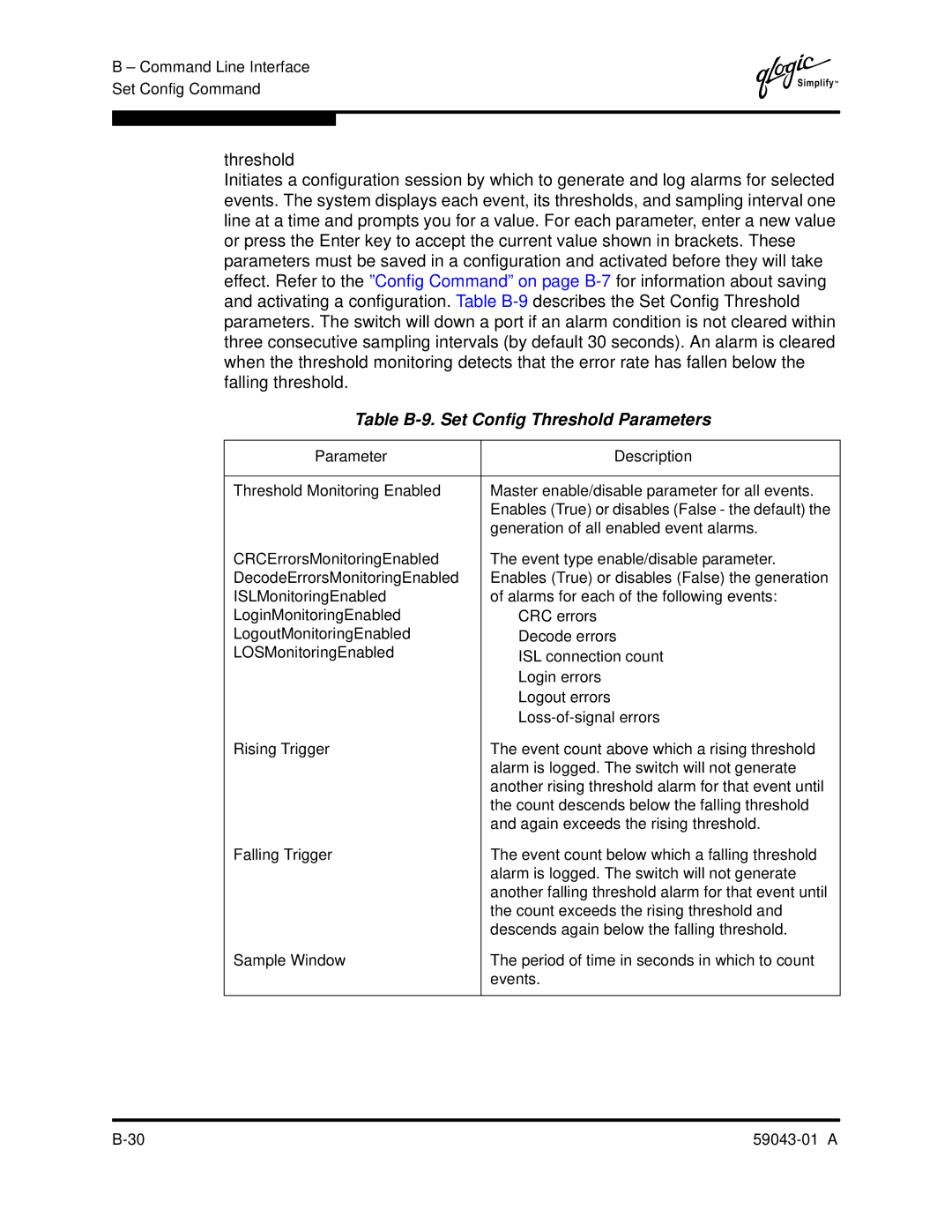 Q-Logic SANBOX2-64 manual Table B-9. Set Config Threshold Parameters 