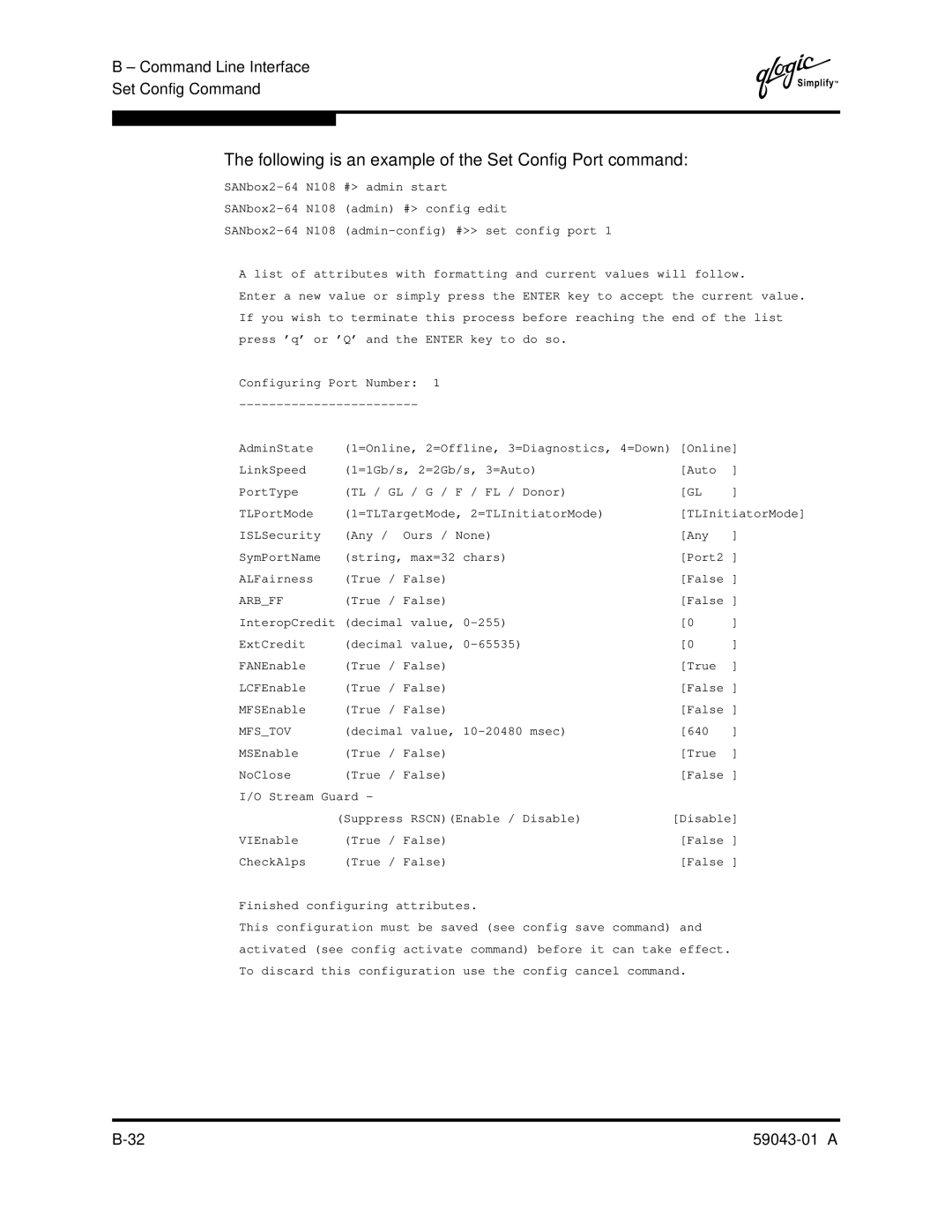 Q-Logic SANBOX2-64 manual Following is an example of the Set Config Port command, Mfstov 