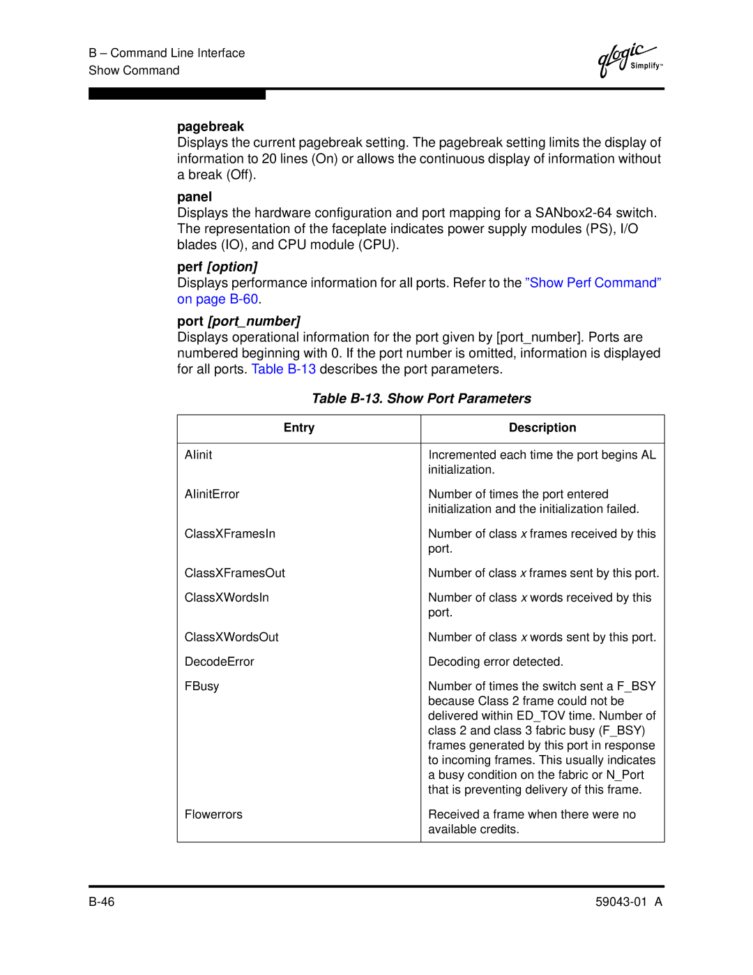 Q-Logic SANBOX2-64 manual Pagebreak, Panel, Perf option, Table B-13. Show Port Parameters 