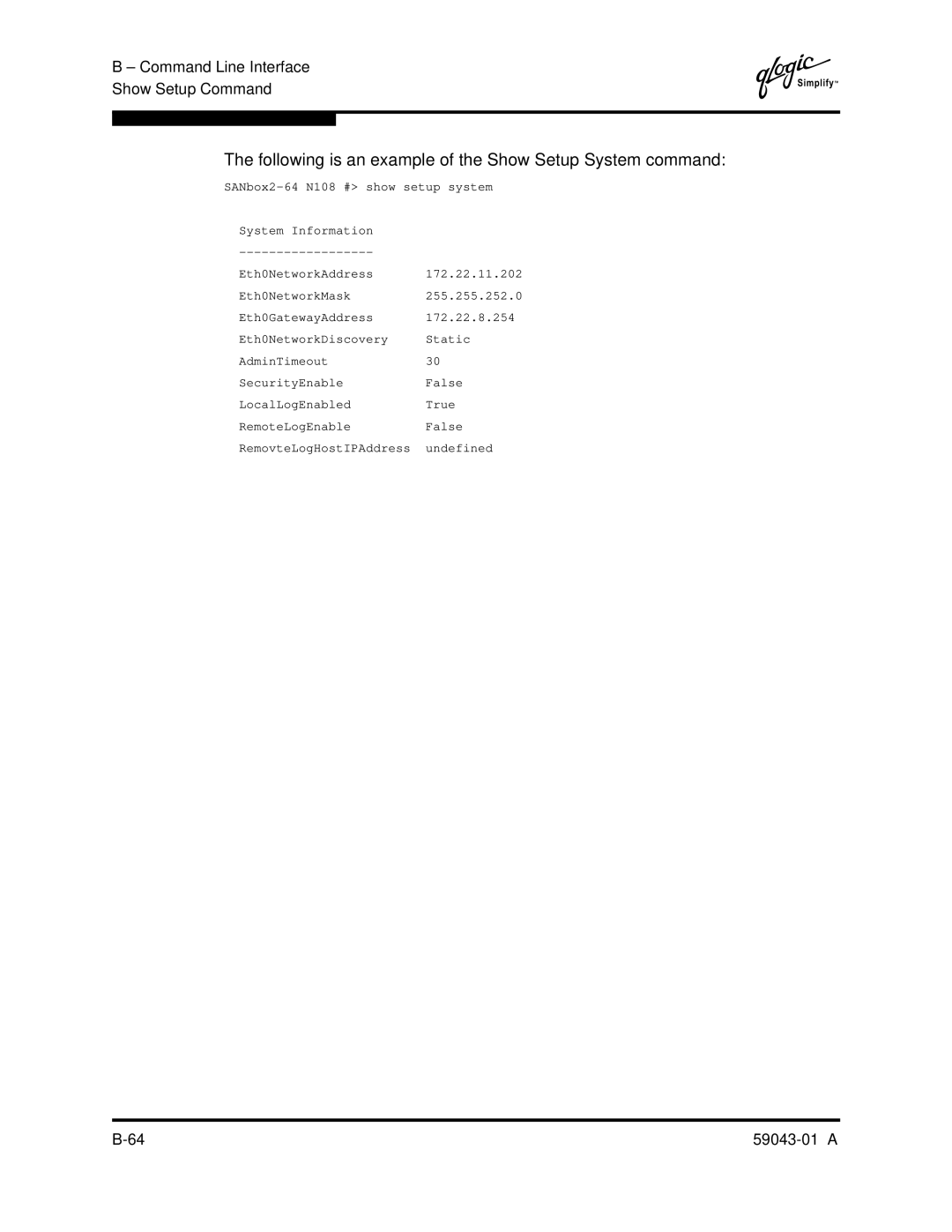 Q-Logic SANBOX2-64 manual Following is an example of the Show Setup System command 