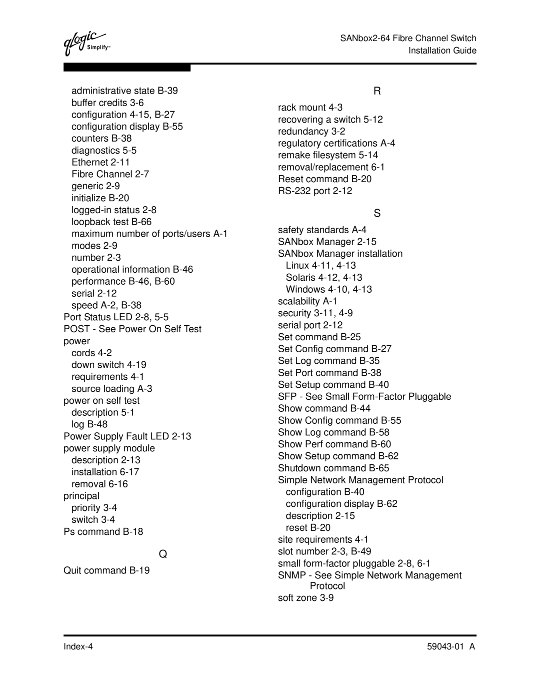 Q-Logic SANBOX2-64 manual Index-4 59043-01 a 