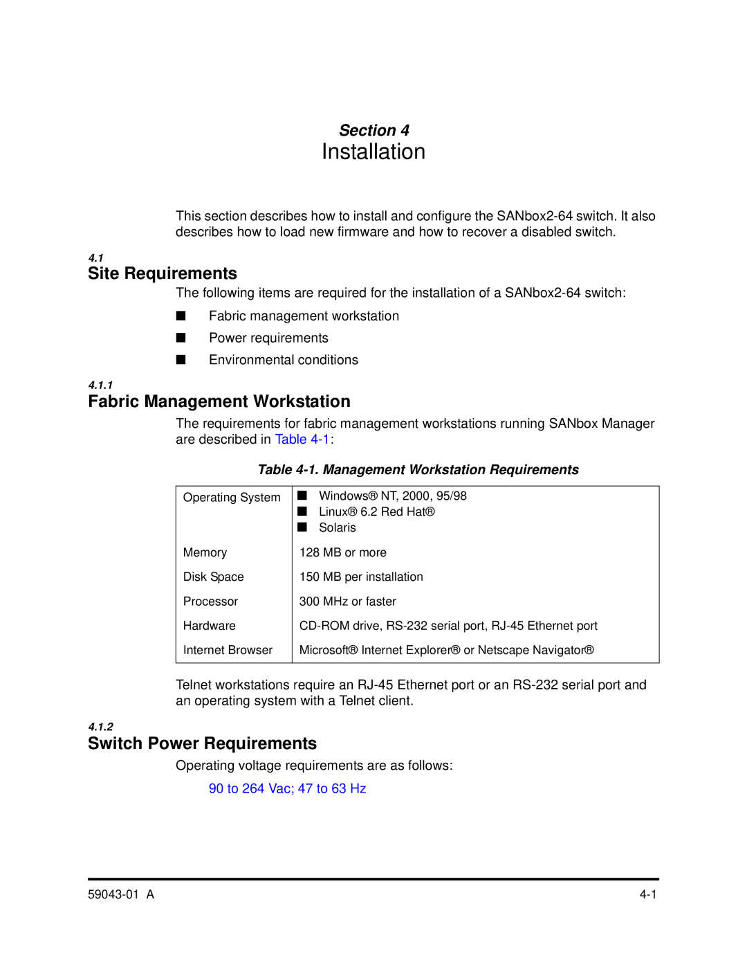 Q-Logic SANBOX2-64 manual Site Requirements, Fabric Management Workstation, Switch Power Requirements 