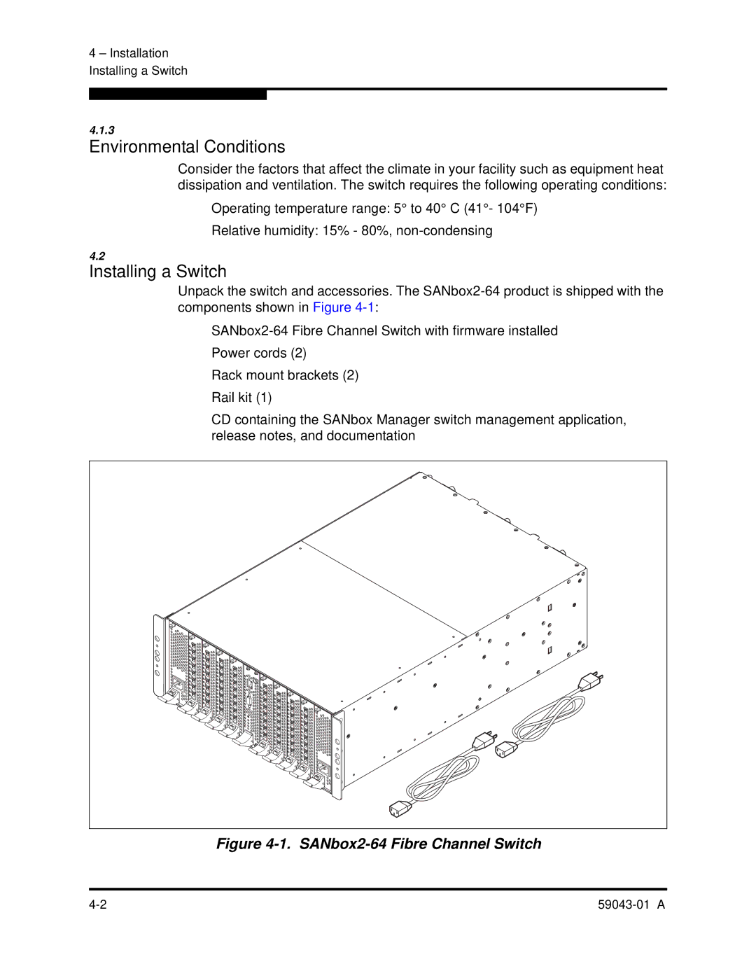 Q-Logic SANBOX2-64 manual Environmental Conditions, Installing a Switch 