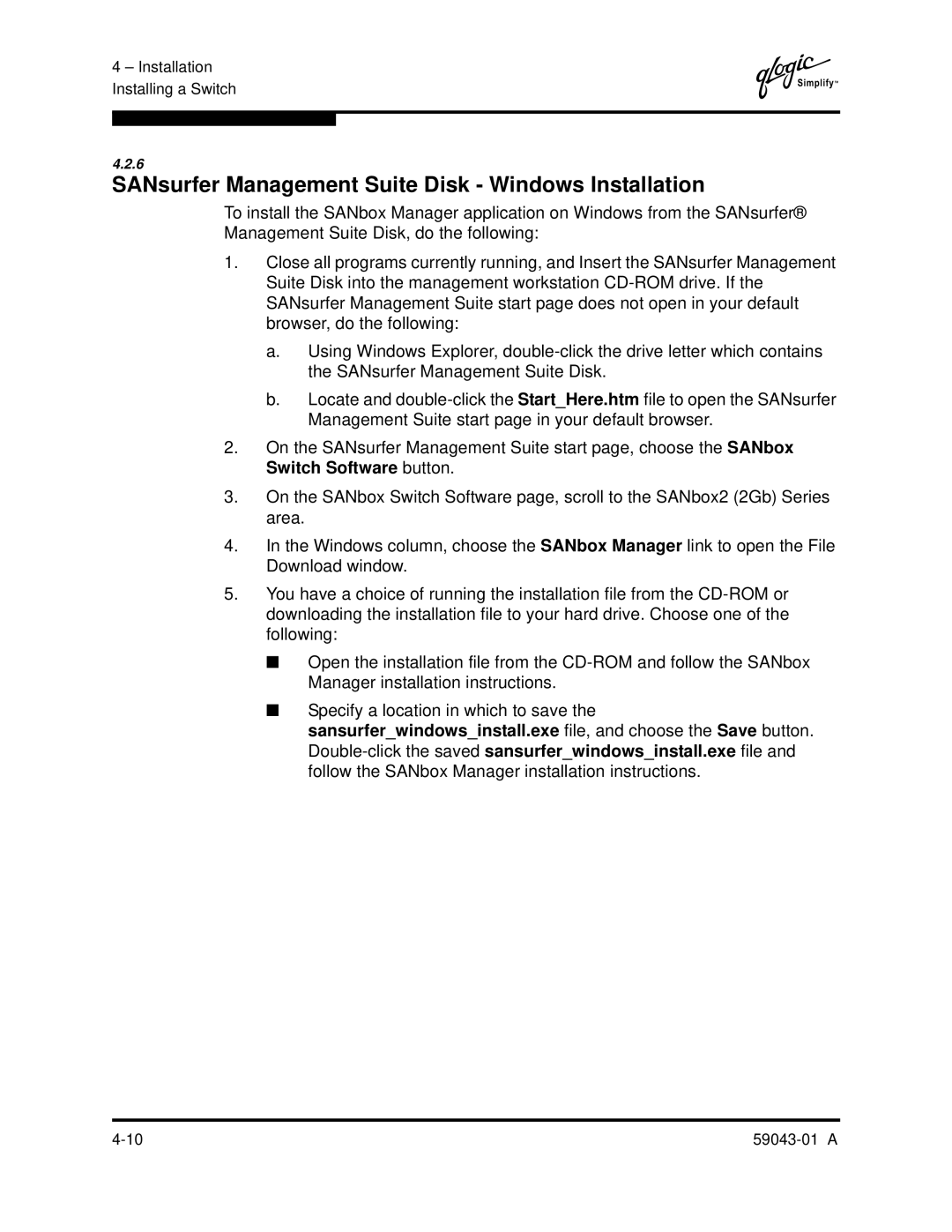 Q-Logic SANBOX2-64 manual SANsurfer Management Suite Disk Windows Installation 