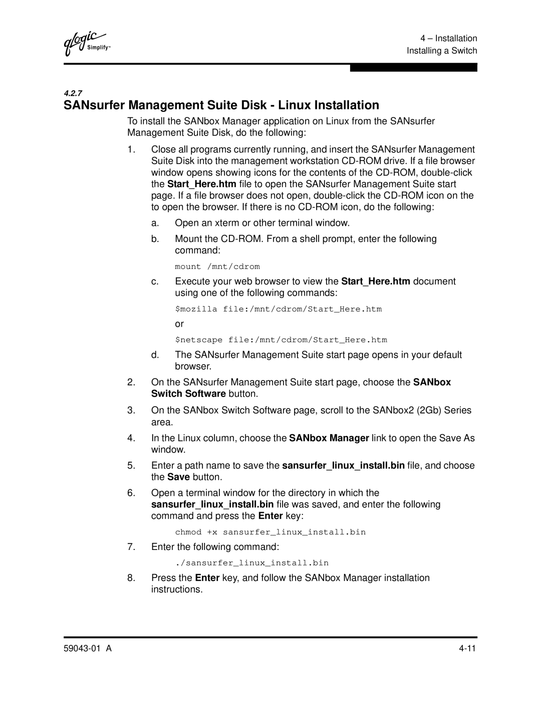 Q-Logic SANBOX2-64 manual SANsurfer Management Suite Disk Linux Installation, Enter the following command 