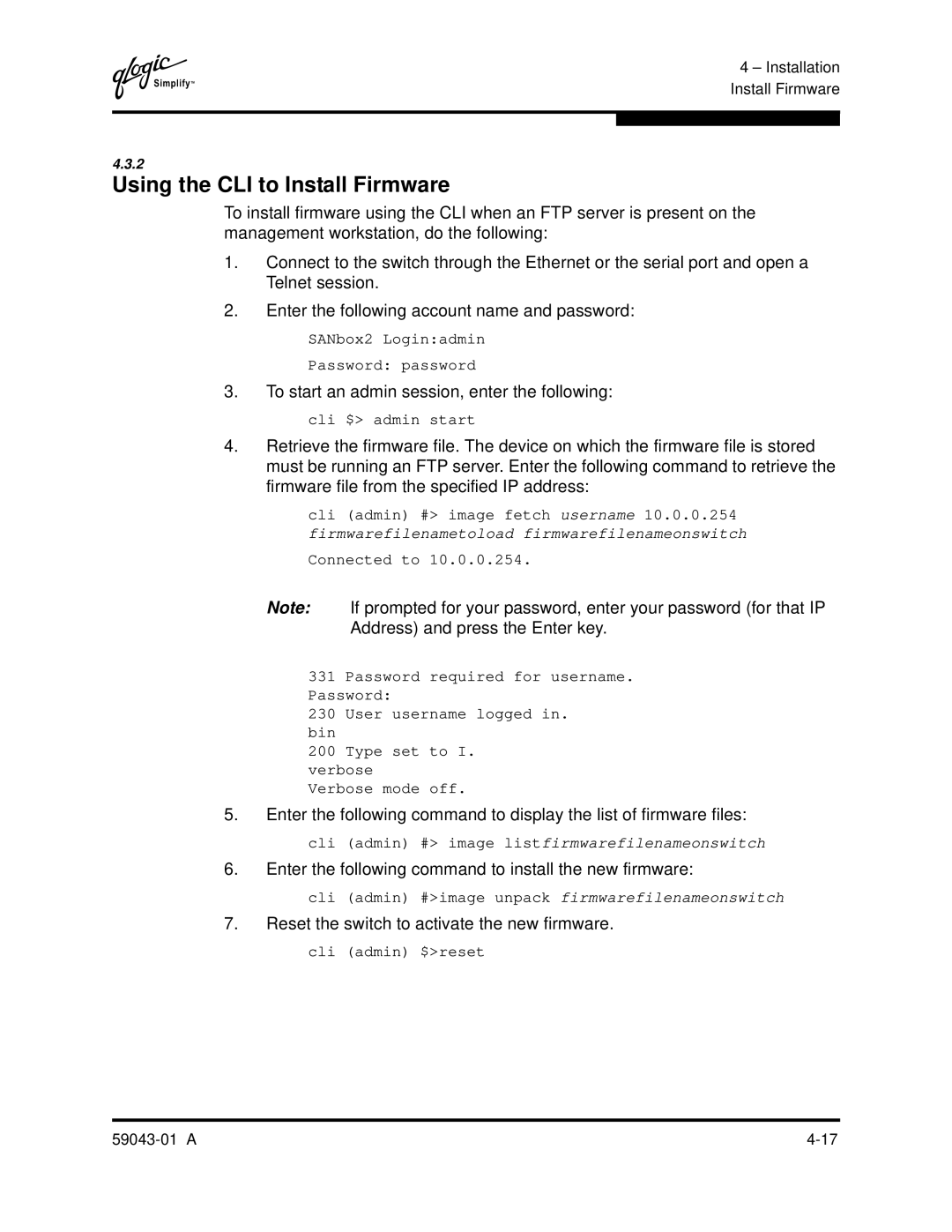 Q-Logic SANBOX2-64 manual Using the CLI to Install Firmware, Enter the following command to install the new firmware 