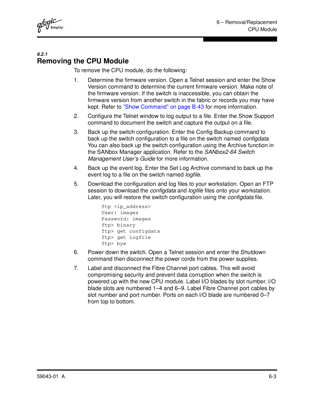 Q-Logic SANBOX2-64 manual Removing the CPU Module 