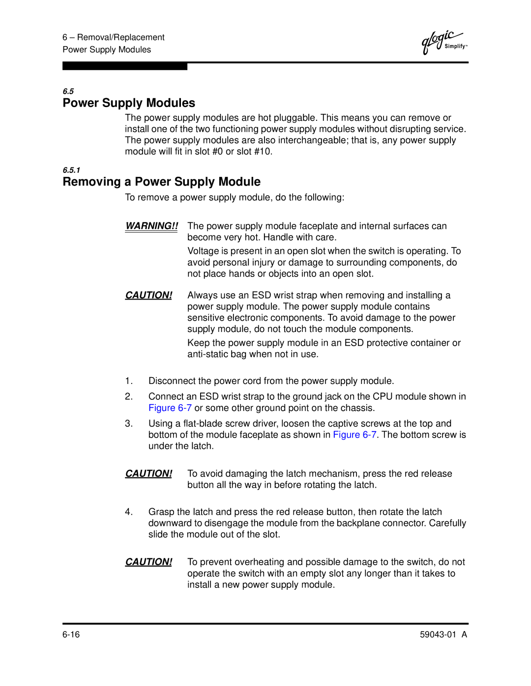 Q-Logic SANBOX2-64 manual Power Supply Modules, Removing a Power Supply Module 