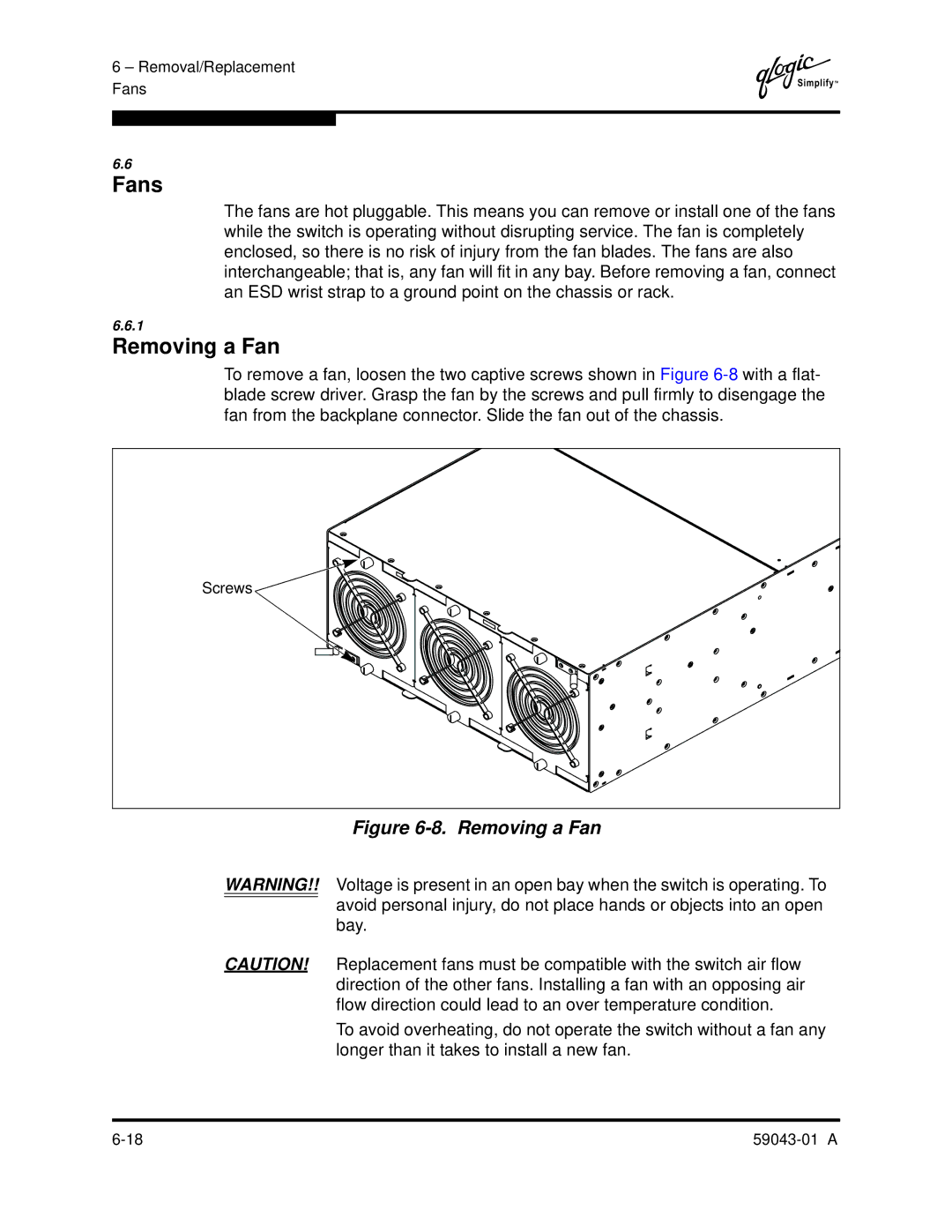 Q-Logic SANBOX2-64 manual Removing a Fan 