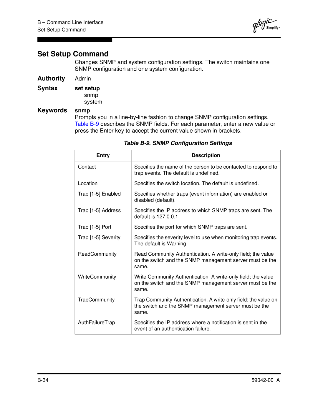 Q-Logic SANBOX2-8C manual Set Setup Command, Set setup, System, Table B-9. Snmp Configuration Settings 