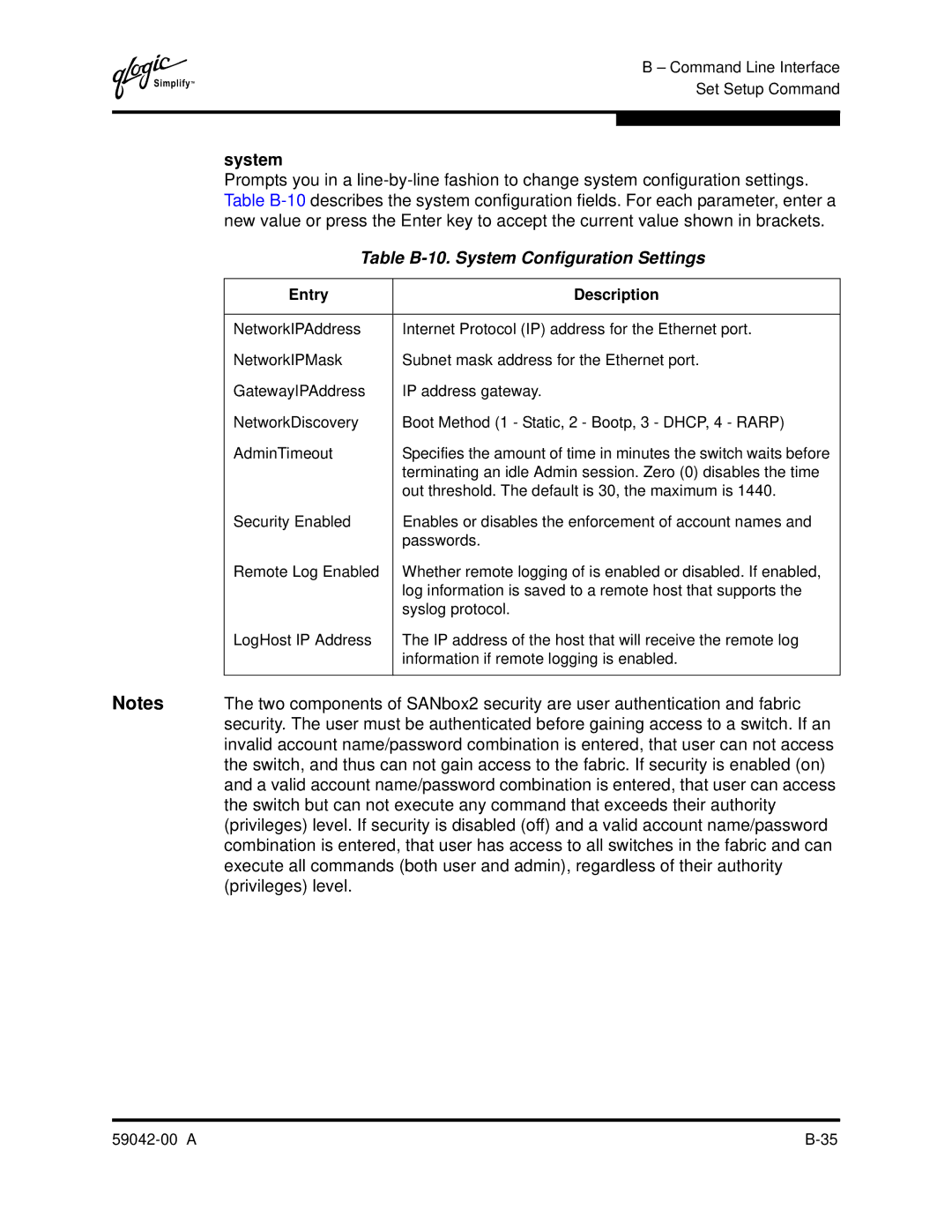 Q-Logic SANBOX2-8C manual Table B-10. System Configuration Settings 