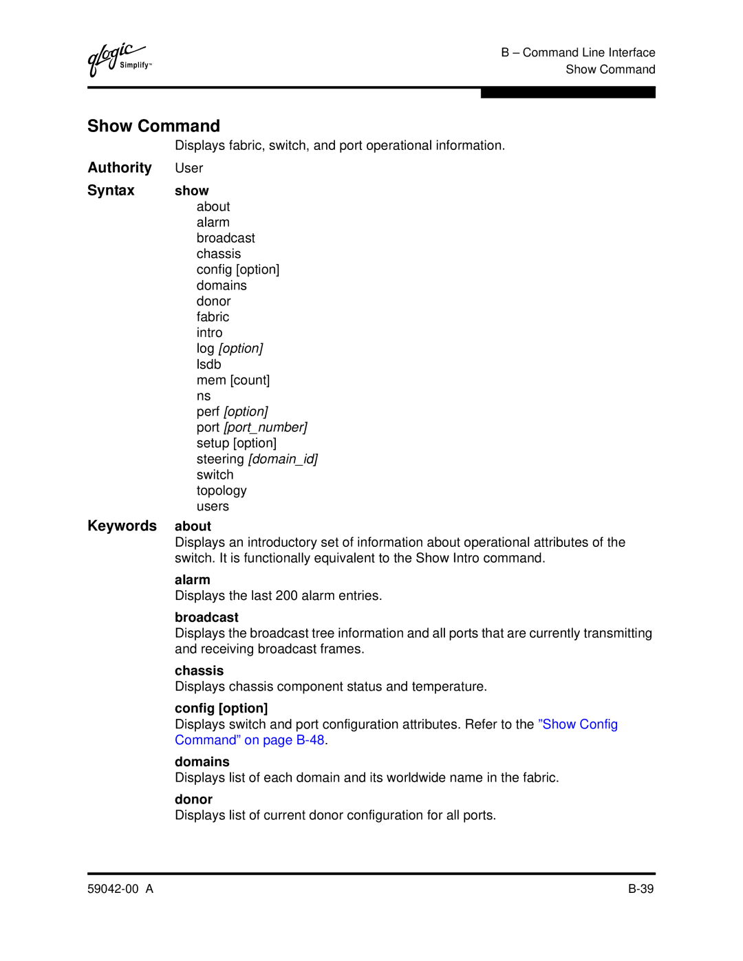 Q-Logic SANBOX2-8C manual Show Command, Keywords about 